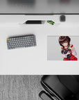 Cozy anime girl mouse pad 14x10 inches with warm glowing eyes, red-and-gold trim, soft shading.