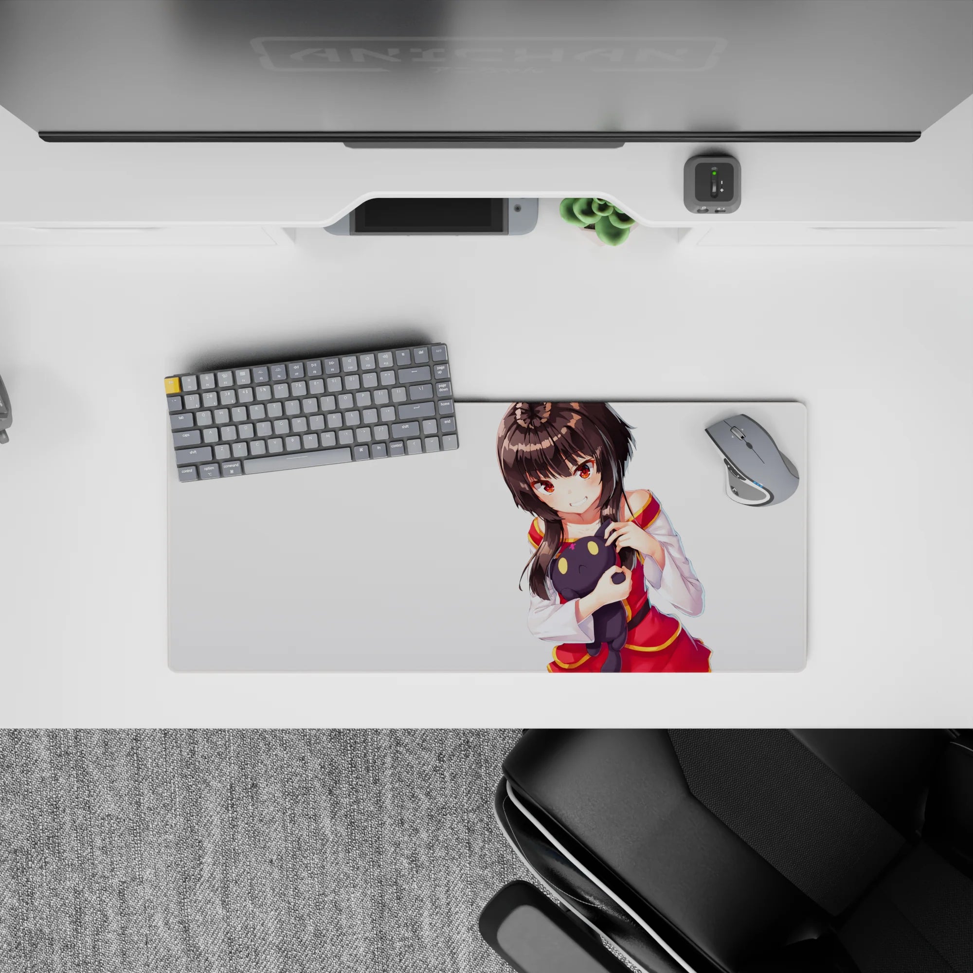 Soft shaded anime desk mat 28x12 inches with warm glowing eyes, red and gold trim, calm vibe.