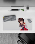 Soft shaded anime desk mat 28x12 inches with warm glowing eyes, red and gold trim, calm vibe.