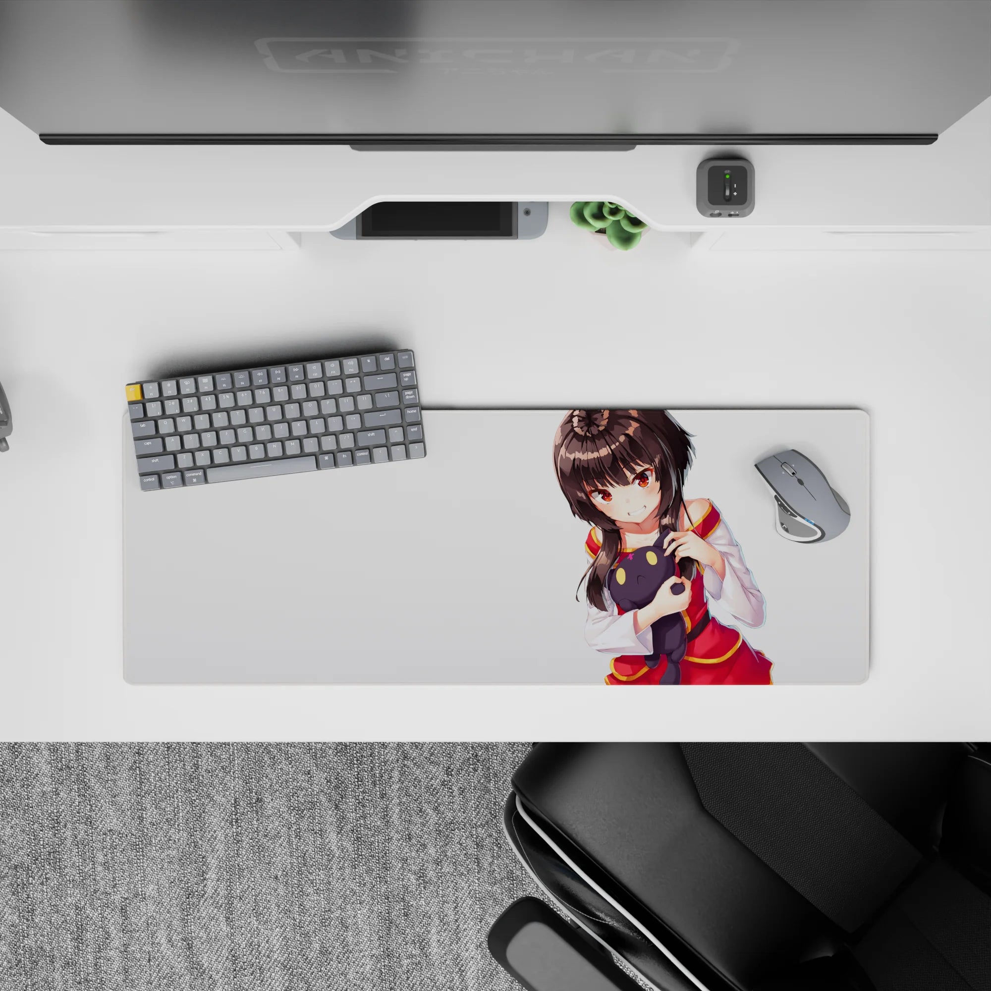 32x12 inches anime mouse pad with cozy vibe, warm glowing eyes, and red-gold accents on white.