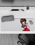 32x12 inches anime mouse pad with cozy vibe, warm glowing eyes, and red-gold accents on white.
