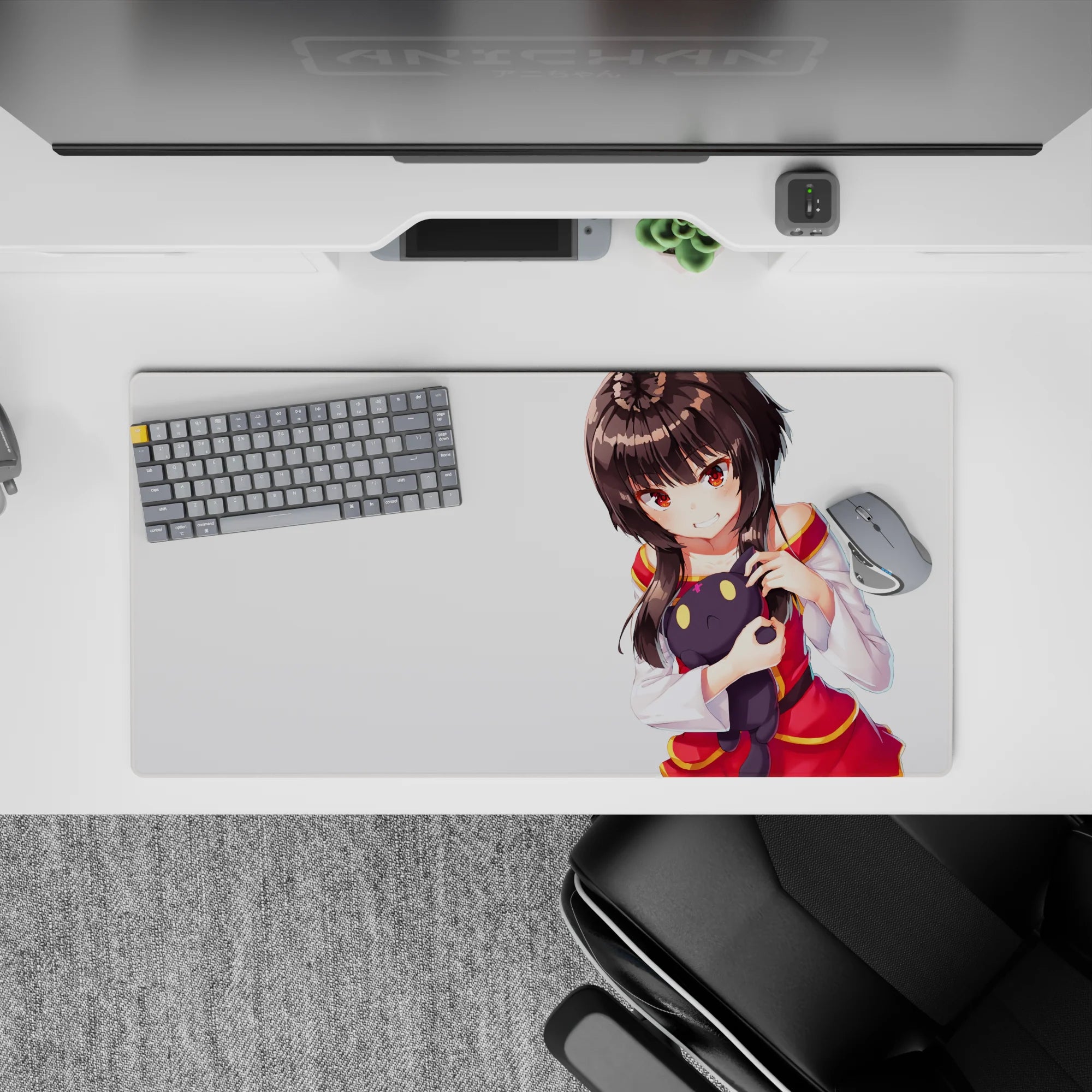 32x16 inches anime desk mat in cozy calm style, soft shading with red and gold trim and warm glowing eyes.