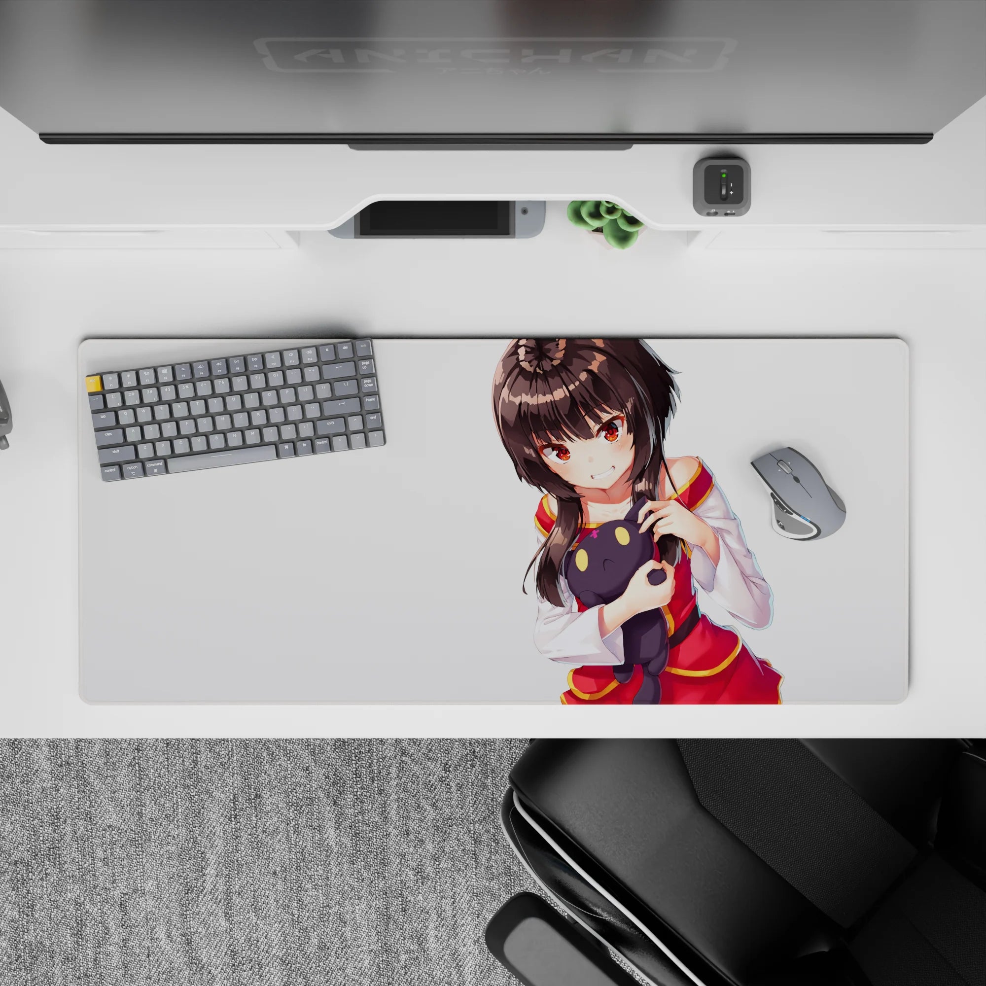 Cozy anime desk pad 36x16 inches in white with warm glowing eyes, red and gold trim accents.