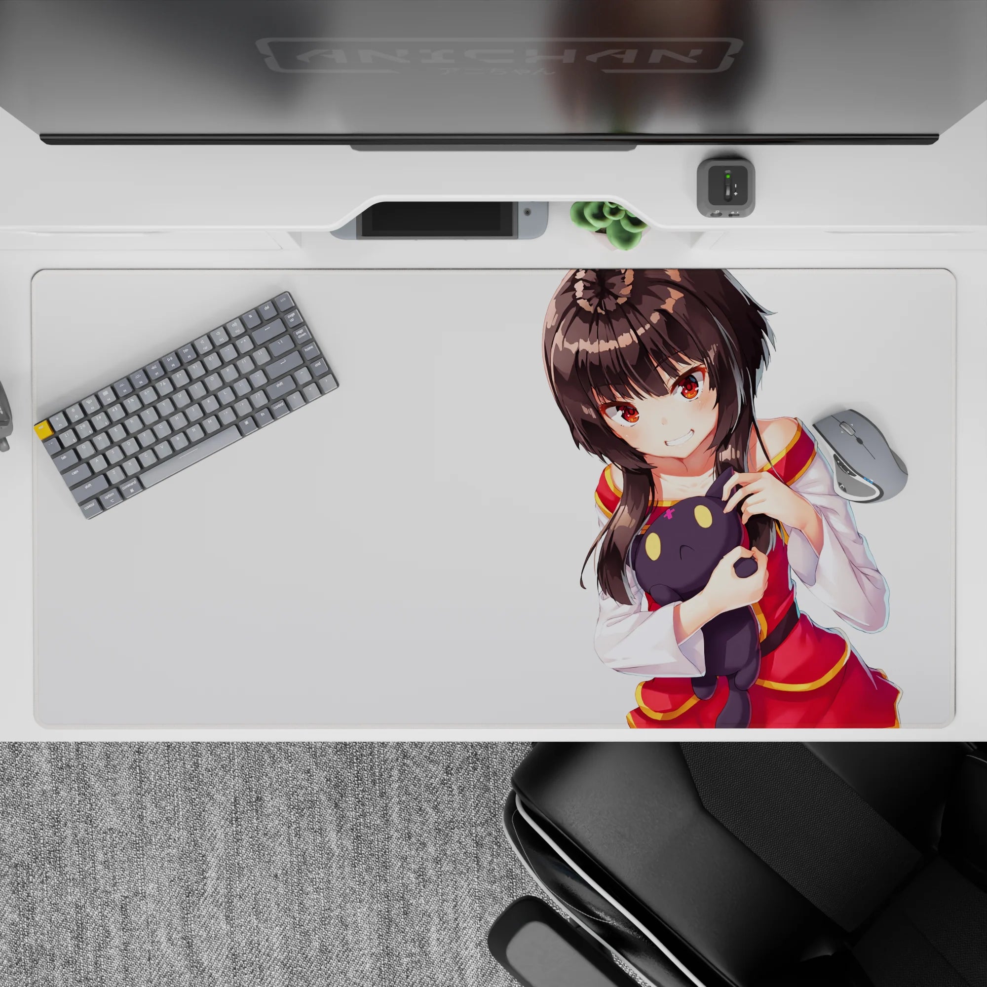 Cozy cute anime desk pad 40x20 inches in soft shading, warm glowing eyes, and crisp white background.