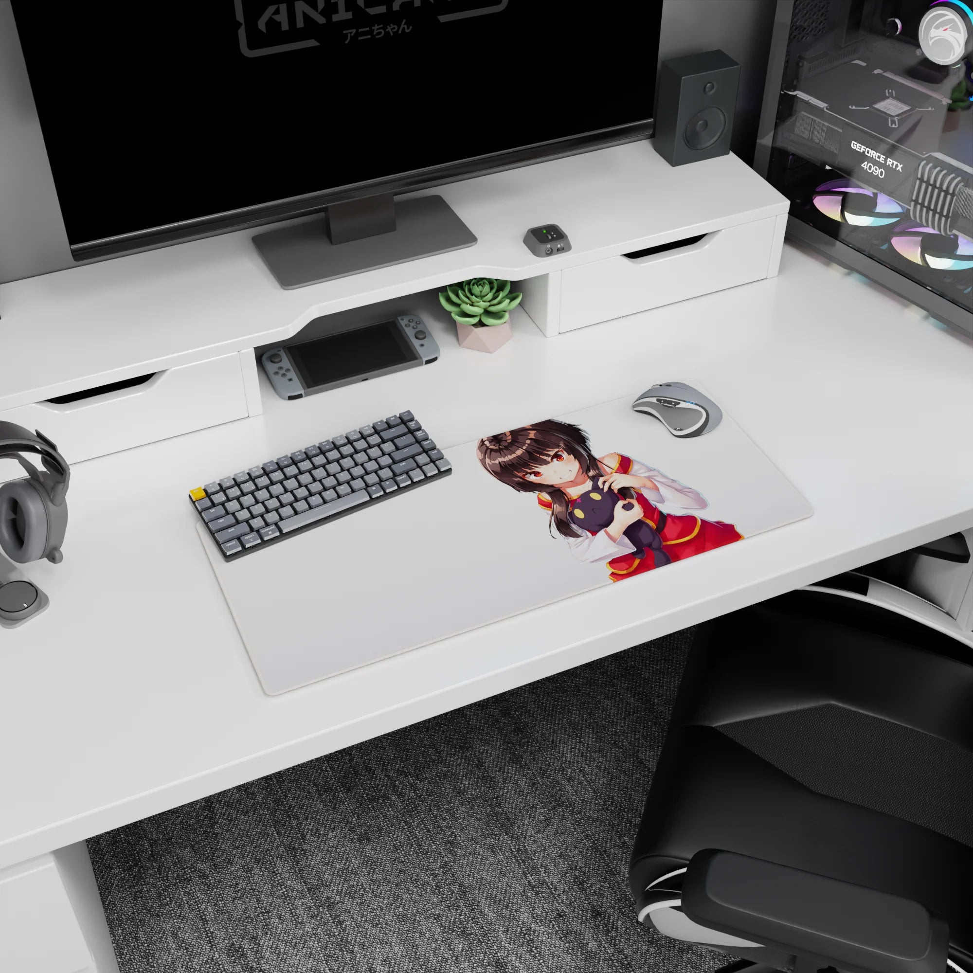 Mischievous anime girl hugging a small black plush on a 28x12 inches mouse pad.