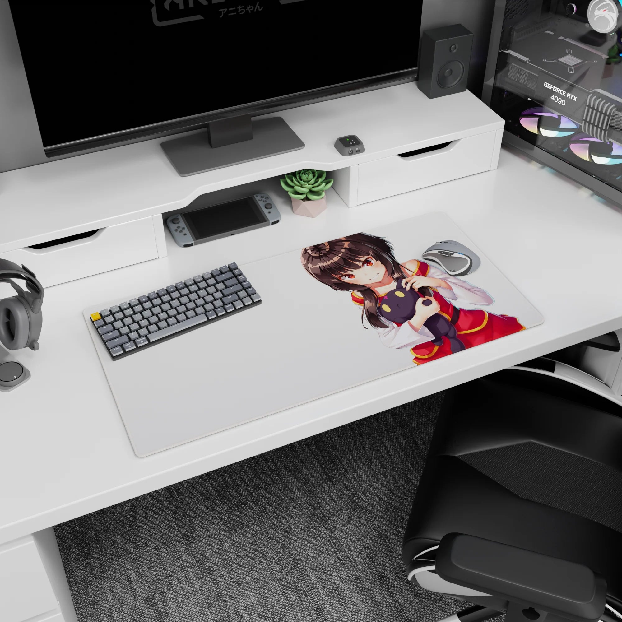 32x16 inches mouse pad showing a mischievous anime girl hugging a small black plush, glossy hair and cozy vibe.