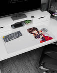 32x16 inches mouse pad showing a mischievous anime girl hugging a small black plush, glossy hair and cozy vibe.