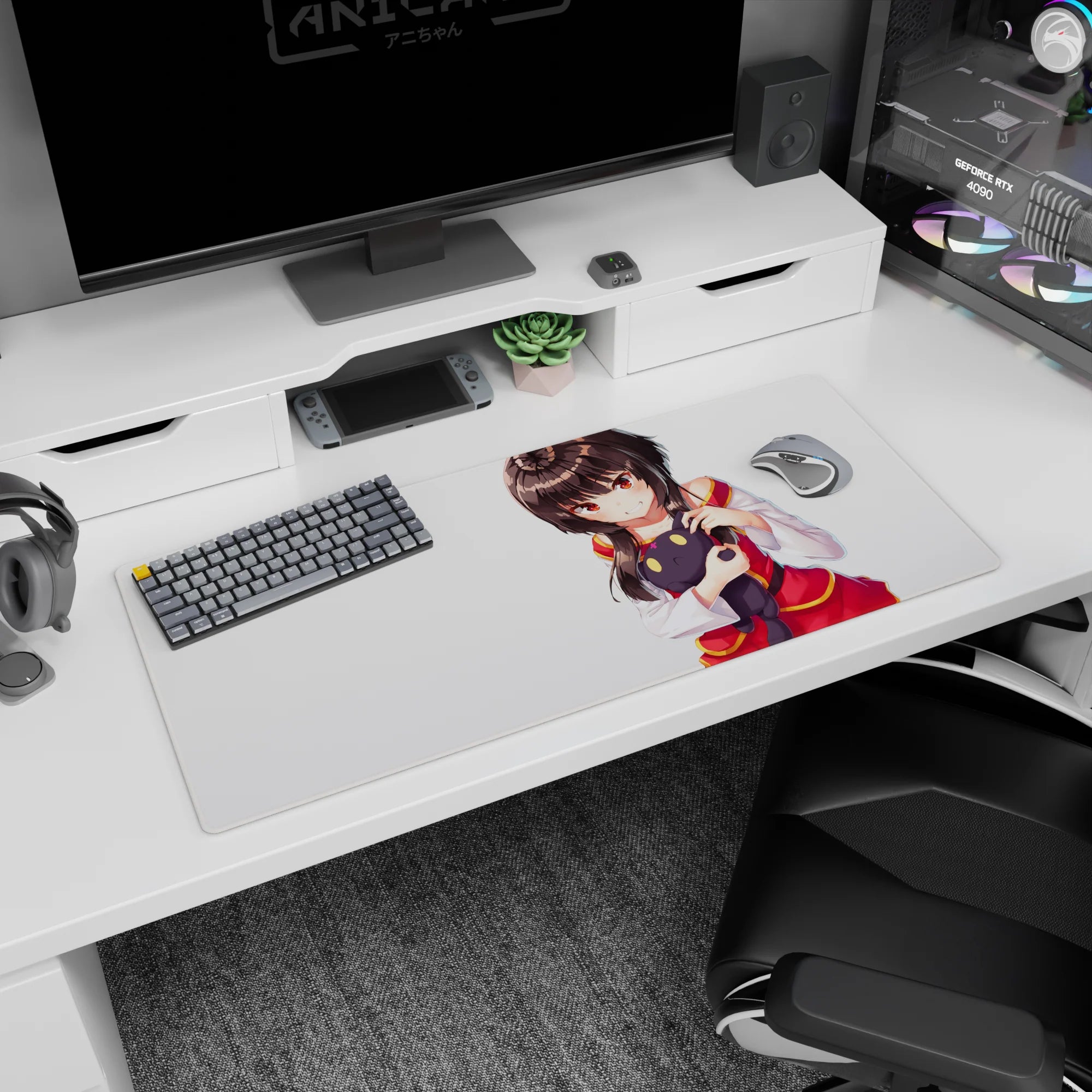 Anime girl hugging black plush on desk pad 36x16 inches, glossy hair and cheeky expression.