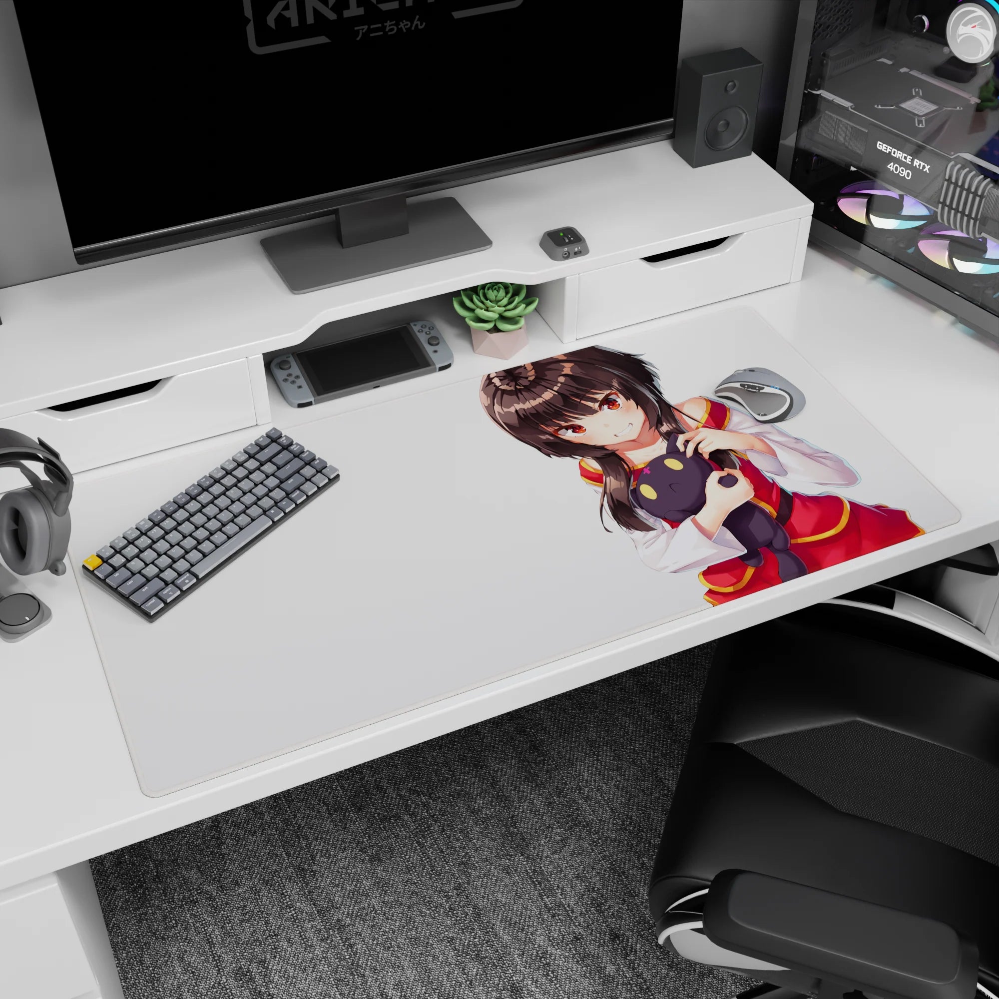 Mischievous anime girl hugging a little black plush on desk pad 40x20 inches, glossy hair detail.