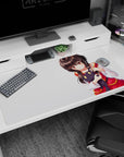 Mischievous anime girl hugging a little black plush on desk pad 40x20 inches, glossy hair detail.