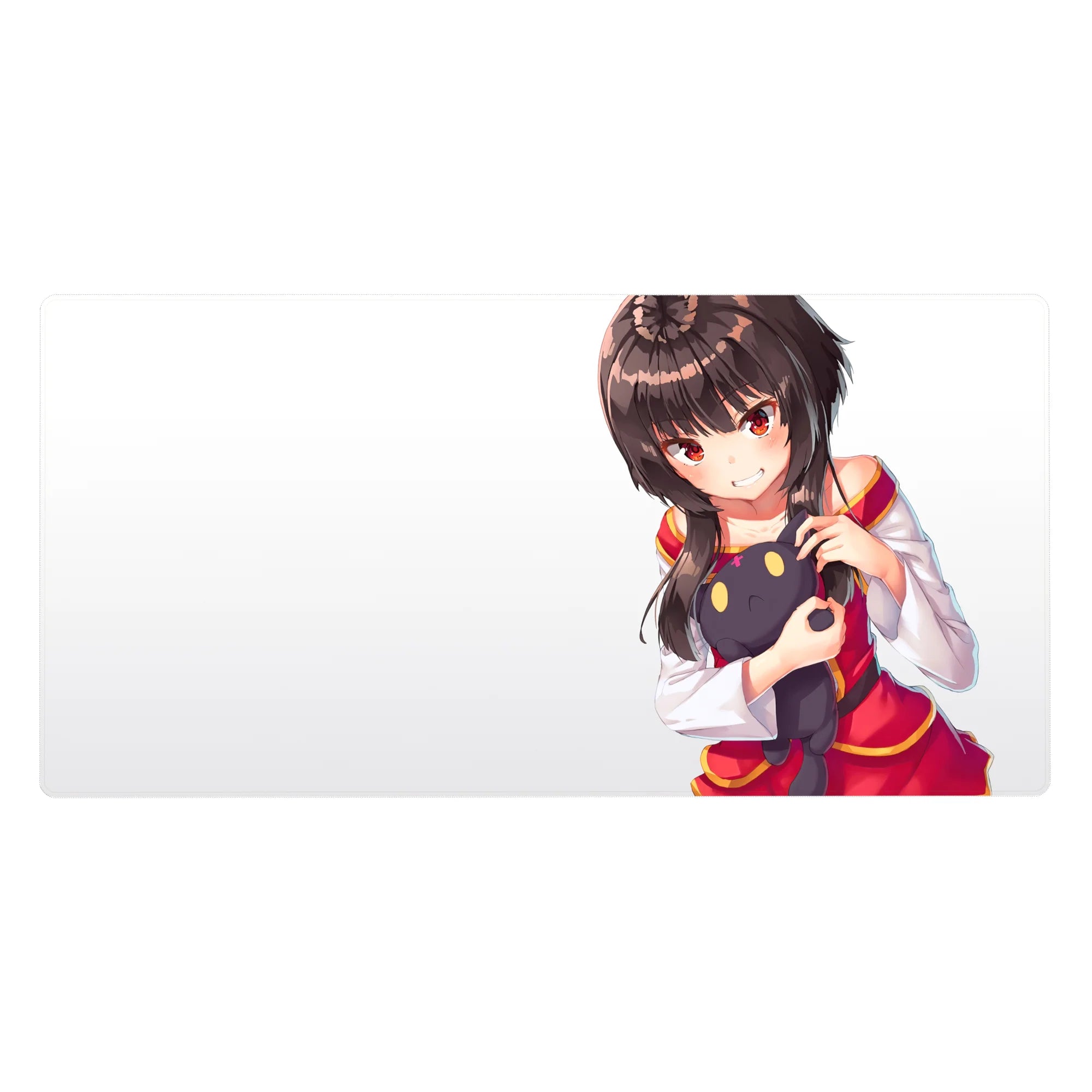 Anime girl desk pad 40x20 inches with clean white space, red-gold accents, and black plush companion.