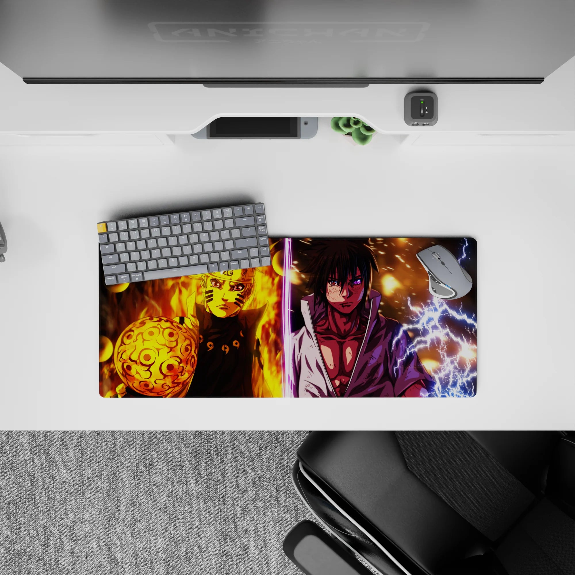 Orange flame vs purple lightning anime mouse pad, high-drama chakra sparks, 28x12 inches.