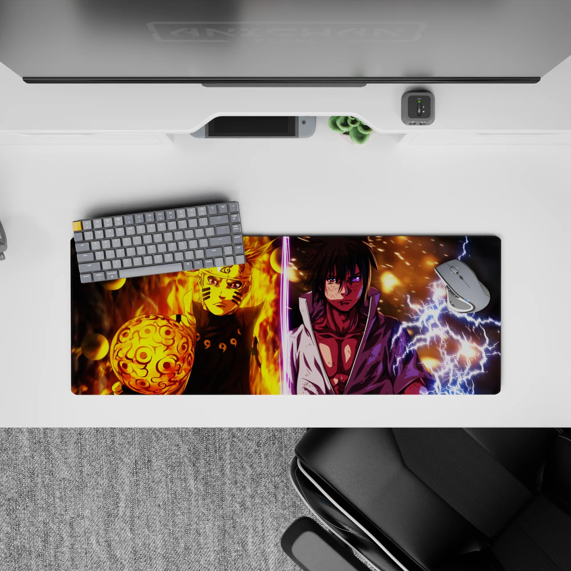 32x12 inches anime mouse pad in fiery orange and electric purple, intense lightning-and-flame mood.