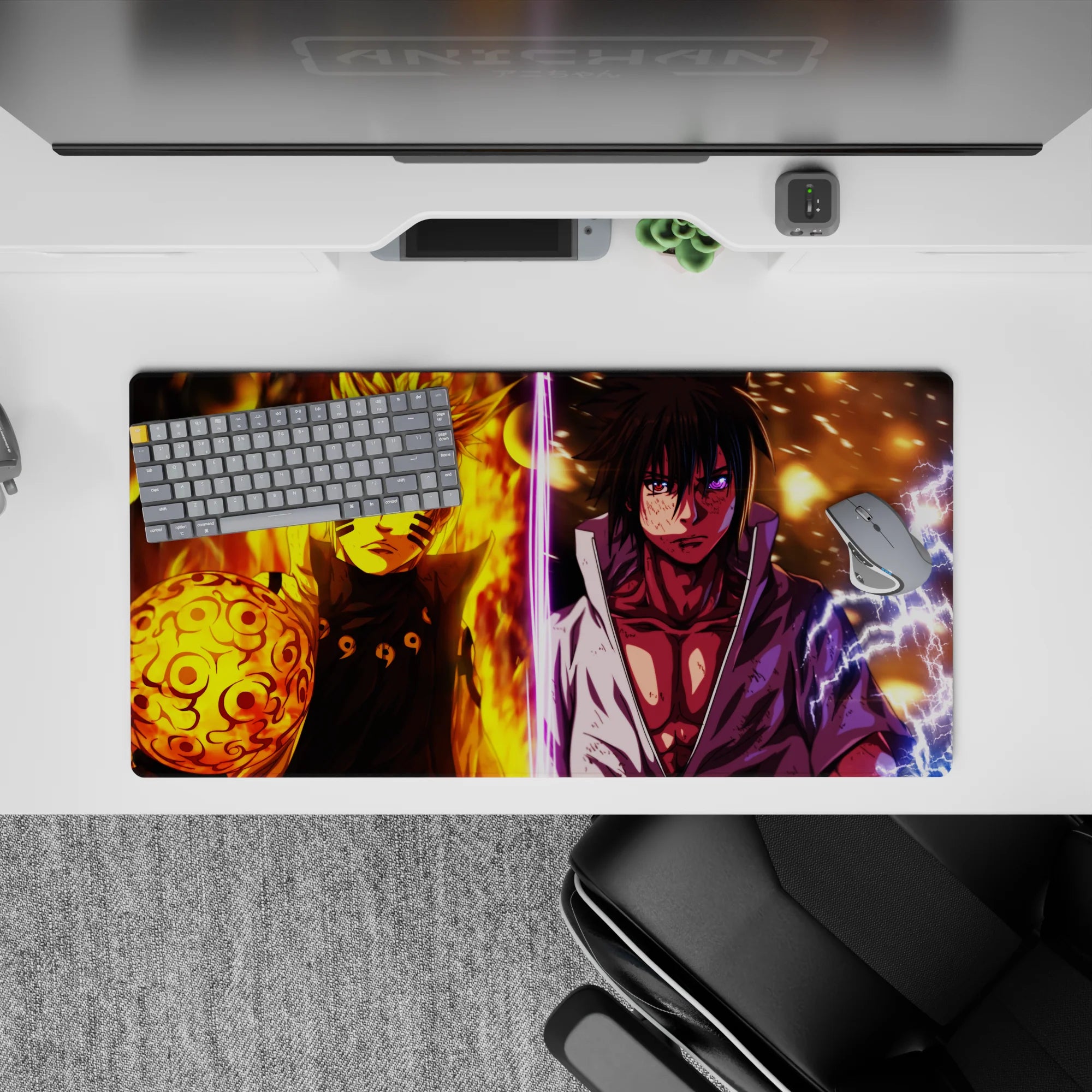32x16 inches anime mouse pad in fiery orange vs electric purple, intense chakra sparks and stormy shadows.