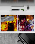 32x16 inches anime mouse pad in fiery orange vs electric purple, intense chakra sparks and stormy shadows.