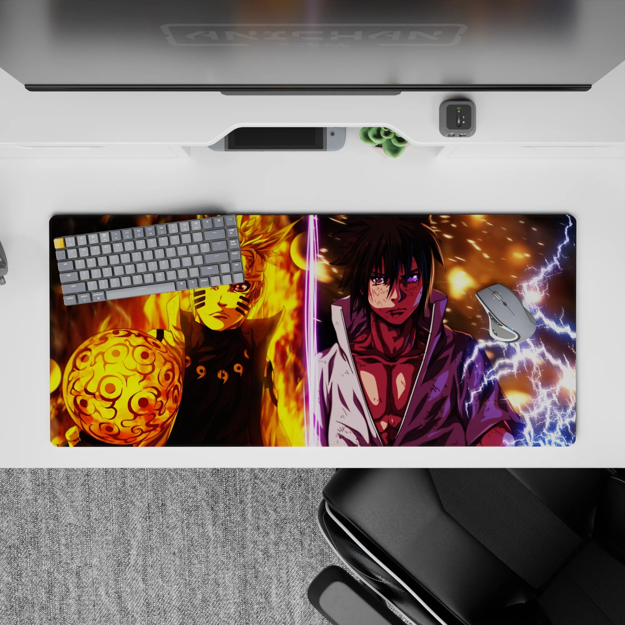 Orange flame vs purple lightning anime desk pad, intense final clash vibe, 36x16 inches.