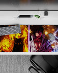 Orange flame vs purple lightning anime desk pad, intense final clash vibe, 36x16 inches.