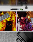Orange flame vs purple lightning anime desk pad 40x20 inches, intense final clash vibe for gamers.