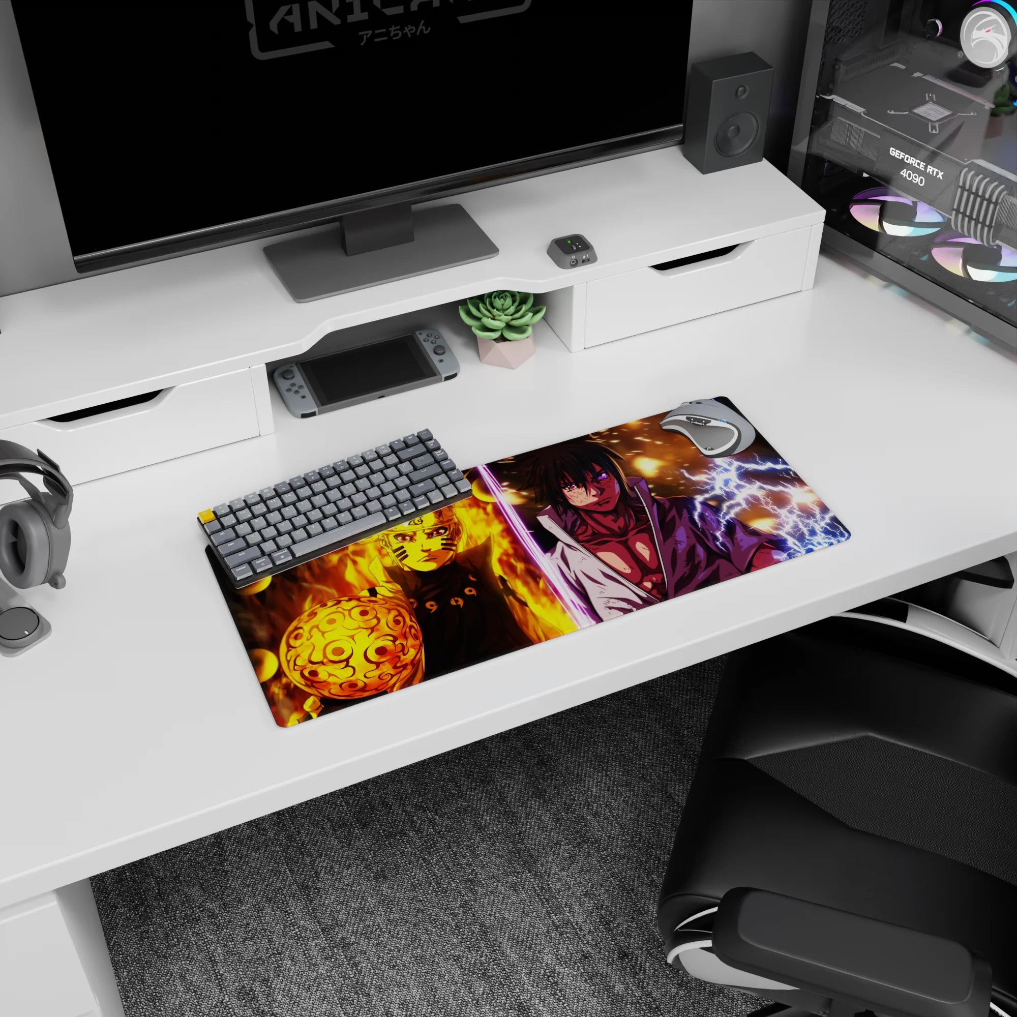 Naruto Uzumaki facing Sasuke Uchiha with chakra orb and lightning, anime mouse pad 28x12 inches.