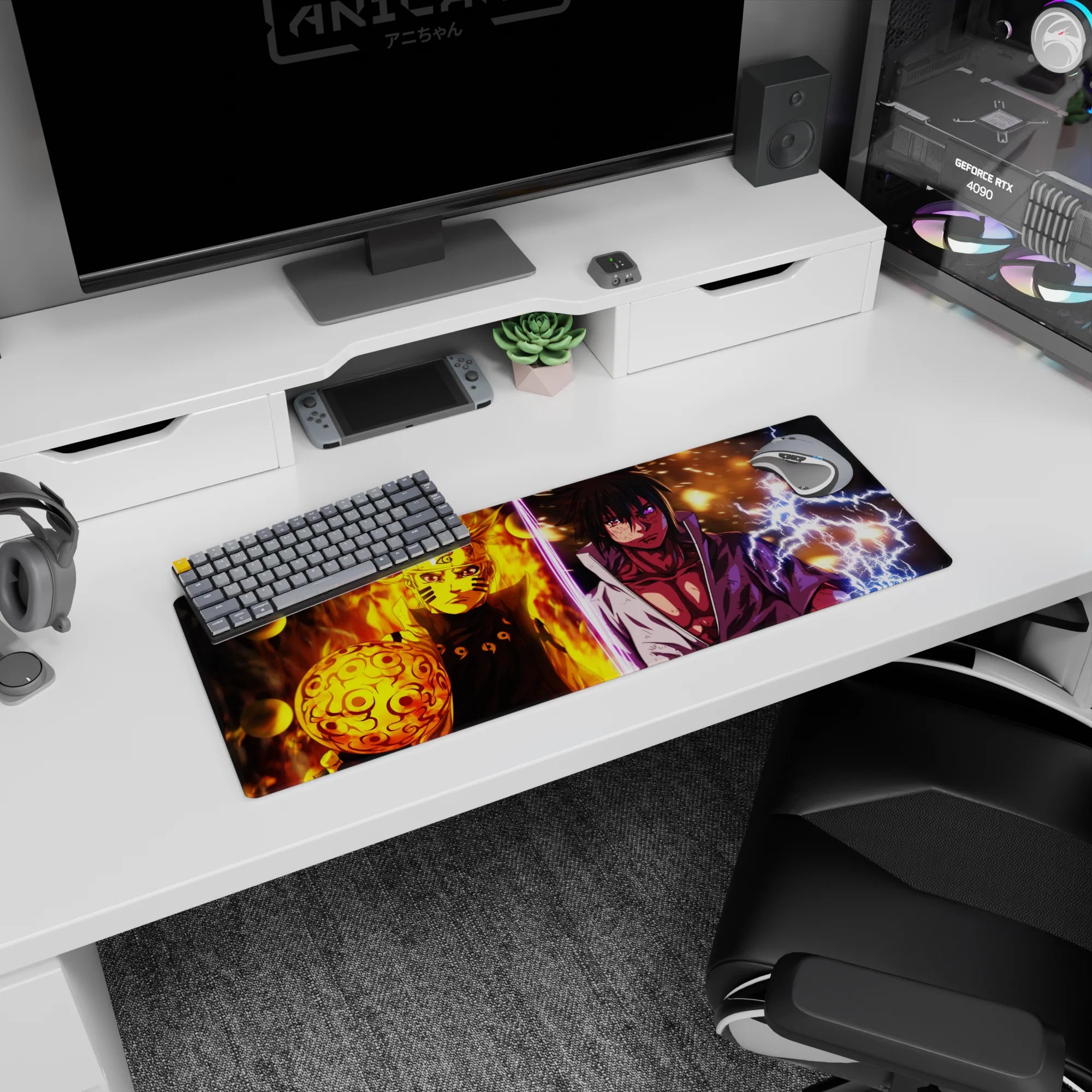 32x12 inches Naruto Uzumaki vs Sasuke Uchiha mouse pad, chakra orb vs lightning clash scene.