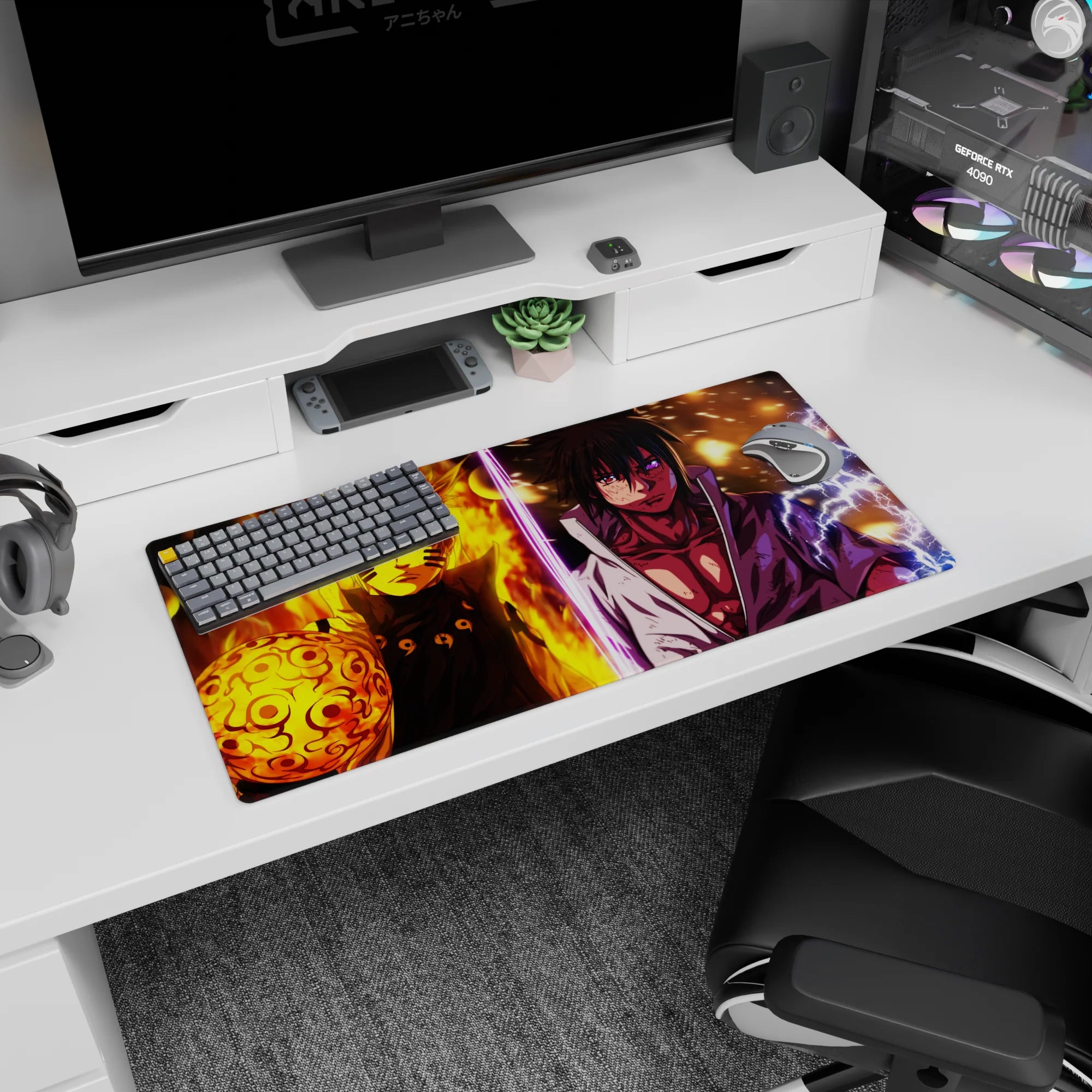32x16 inches Naruto Uzumaki vs Sasuke Uchiha mouse pad, chakra orb facing purple lightning clash.