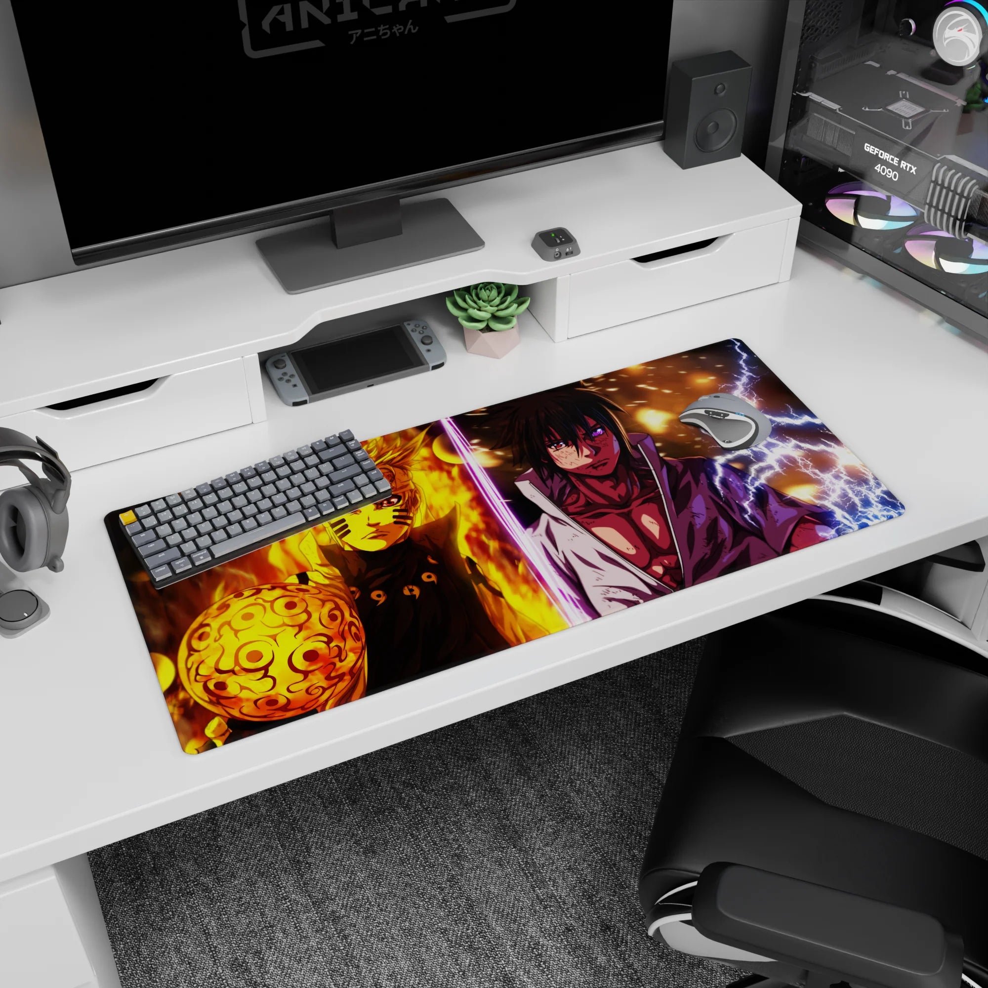 Naruto Uzumaki faces Sasuke Uchiha with chakra orb and lightning, desk pad 36x16 inches.