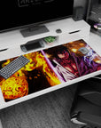 Naruto Uzumaki chakra orb faces Sasuke Uchiha lightning on anime desk pad 40x20 inches.