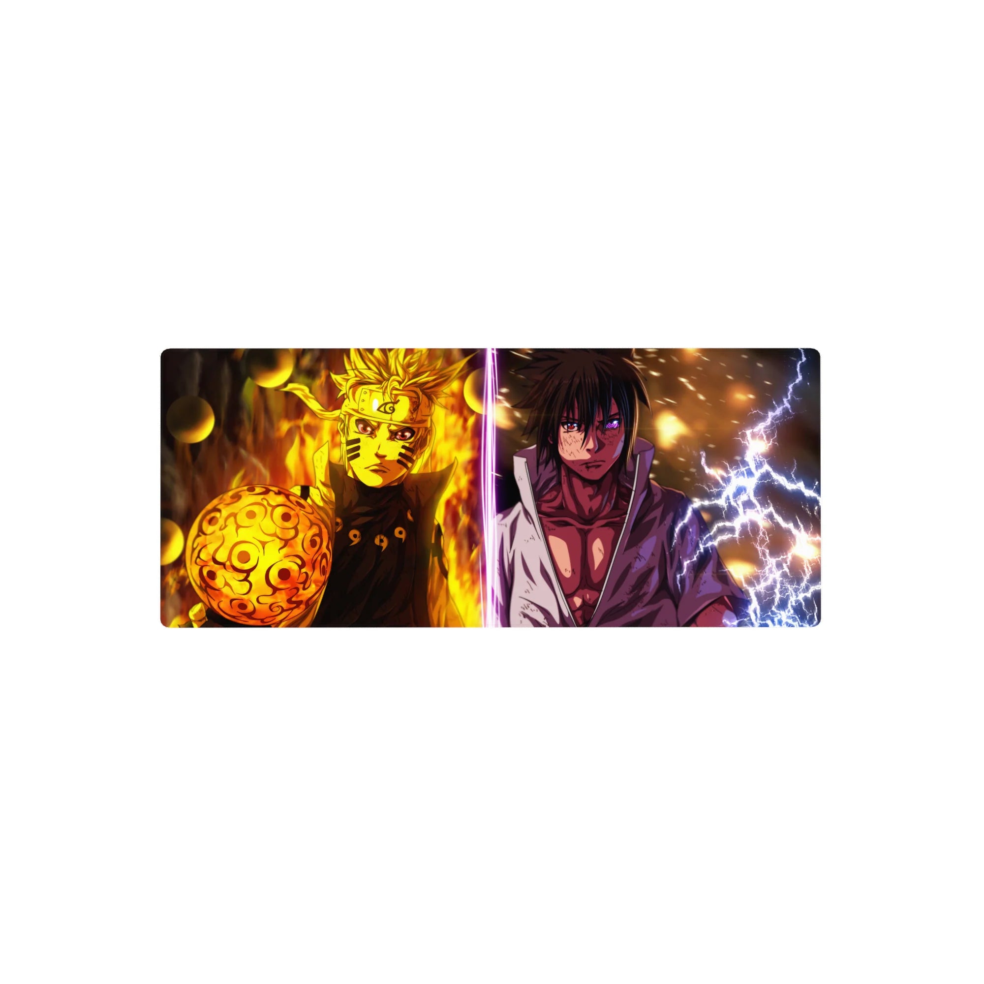 Naruto vs Sasuke split-energy anime mouse pad, battle clash artwork, 28x12 inches.