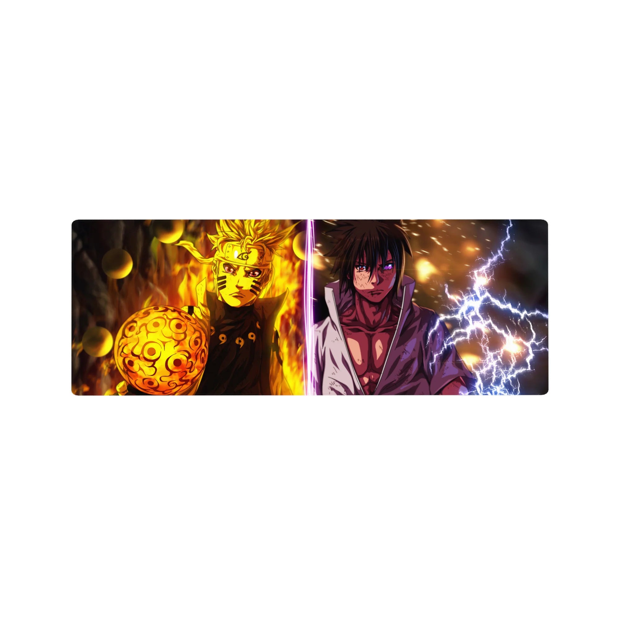32x12 inches anime mouse pad featuring a split Naruto vs Sasuke battle design with sparks and energy.