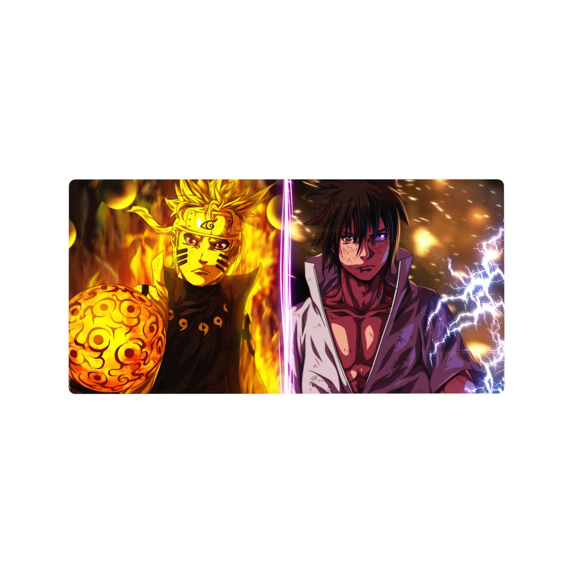 32x16 inches anime mouse pad with split Naruto vs Sasuke battle art, flames and lightning across the center.