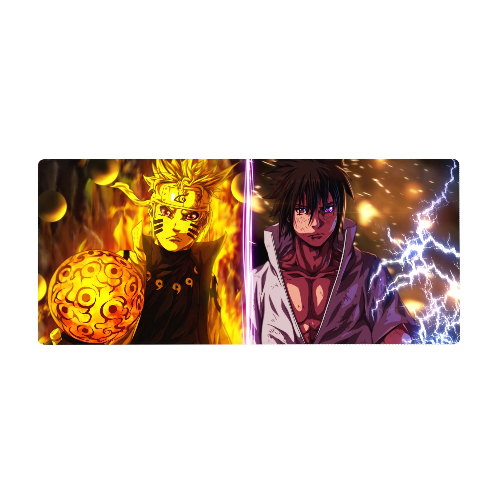Naruto vs Sasuke split-energy anime desk pad, sparks and sharp lines, 36x16 inches.