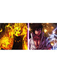 Naruto vs Sasuke split-energy anime desk pad, sparks and sharp lines, 36x16 inches.
