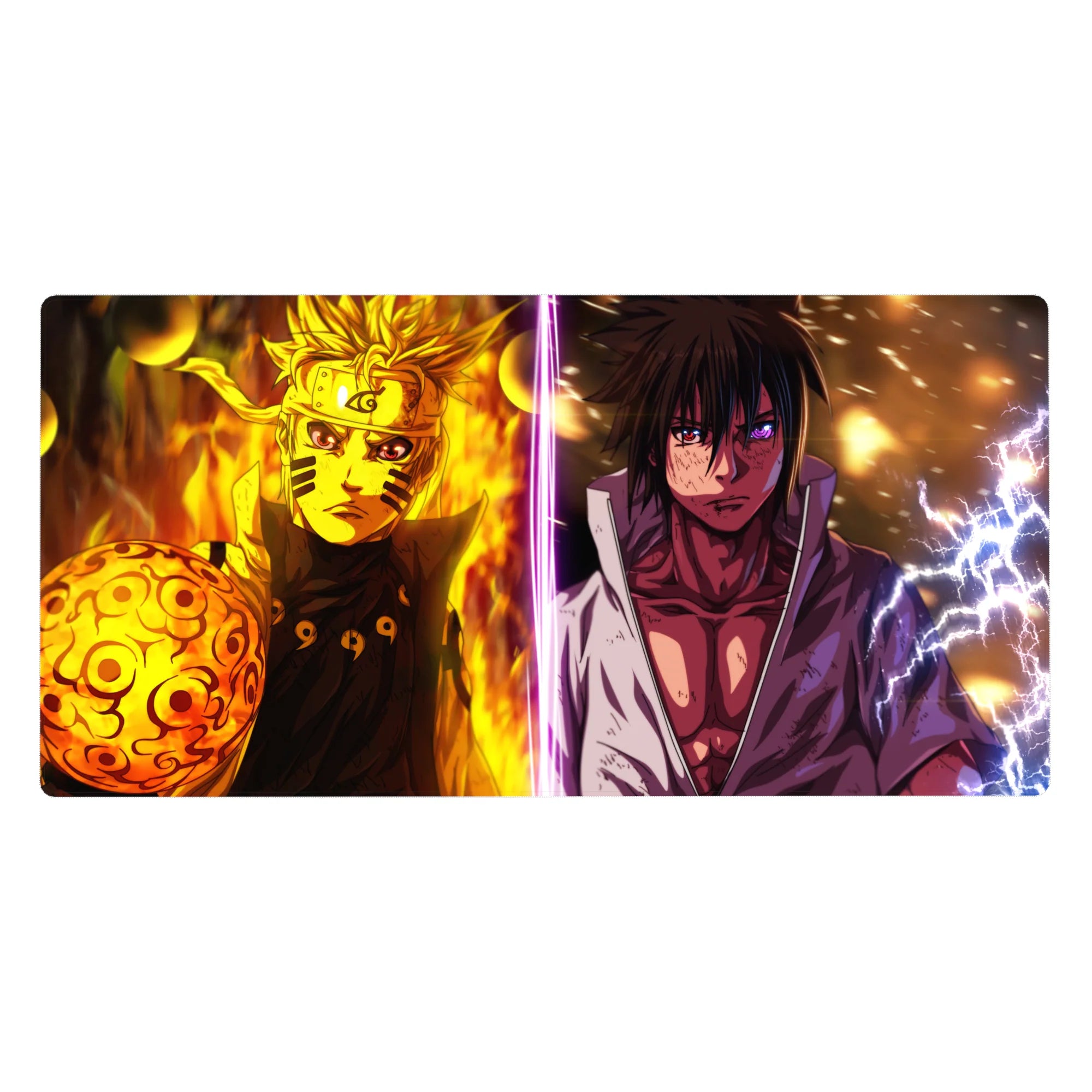 Naruto vs Sasuke split battle anime desk pad 40x20 inches with sparks, flames, and lightning.