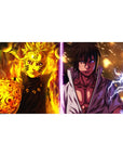 Naruto vs Sasuke split battle anime desk pad 40x20 inches with sparks, flames, and lightning.
