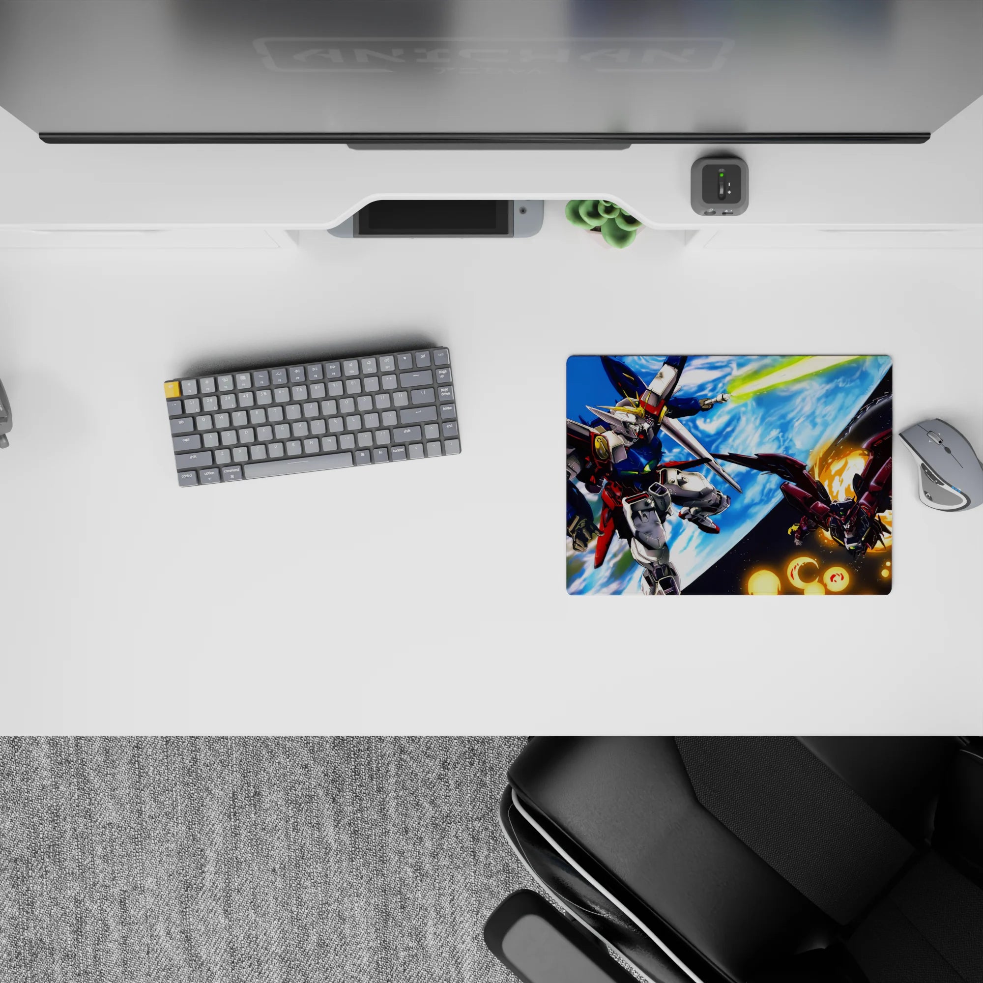 Classic anime mouse pad 14x10 inches in deep blues and bright whites with Earth glow and orange spark bursts.