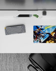Classic anime mouse pad 14x10 inches in deep blues and bright whites with Earth glow and orange spark bursts.