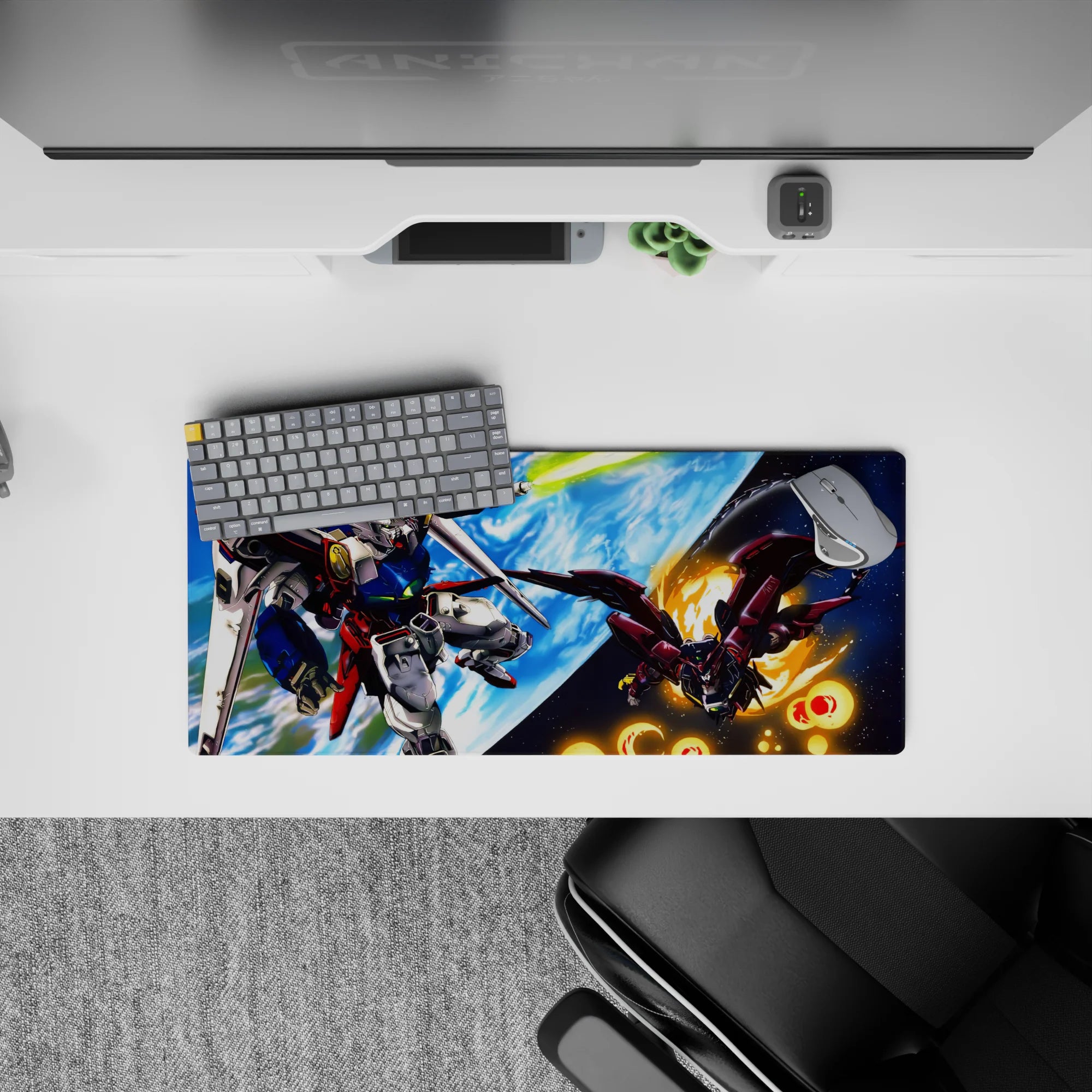 28x12 inches anime mouse pad in deep blues and bright whites, Earth glow and orange sparks for a cosmic vibe.