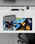 28x12 inches anime mouse pad in deep blues and bright whites, Earth glow and orange sparks for a cosmic vibe.