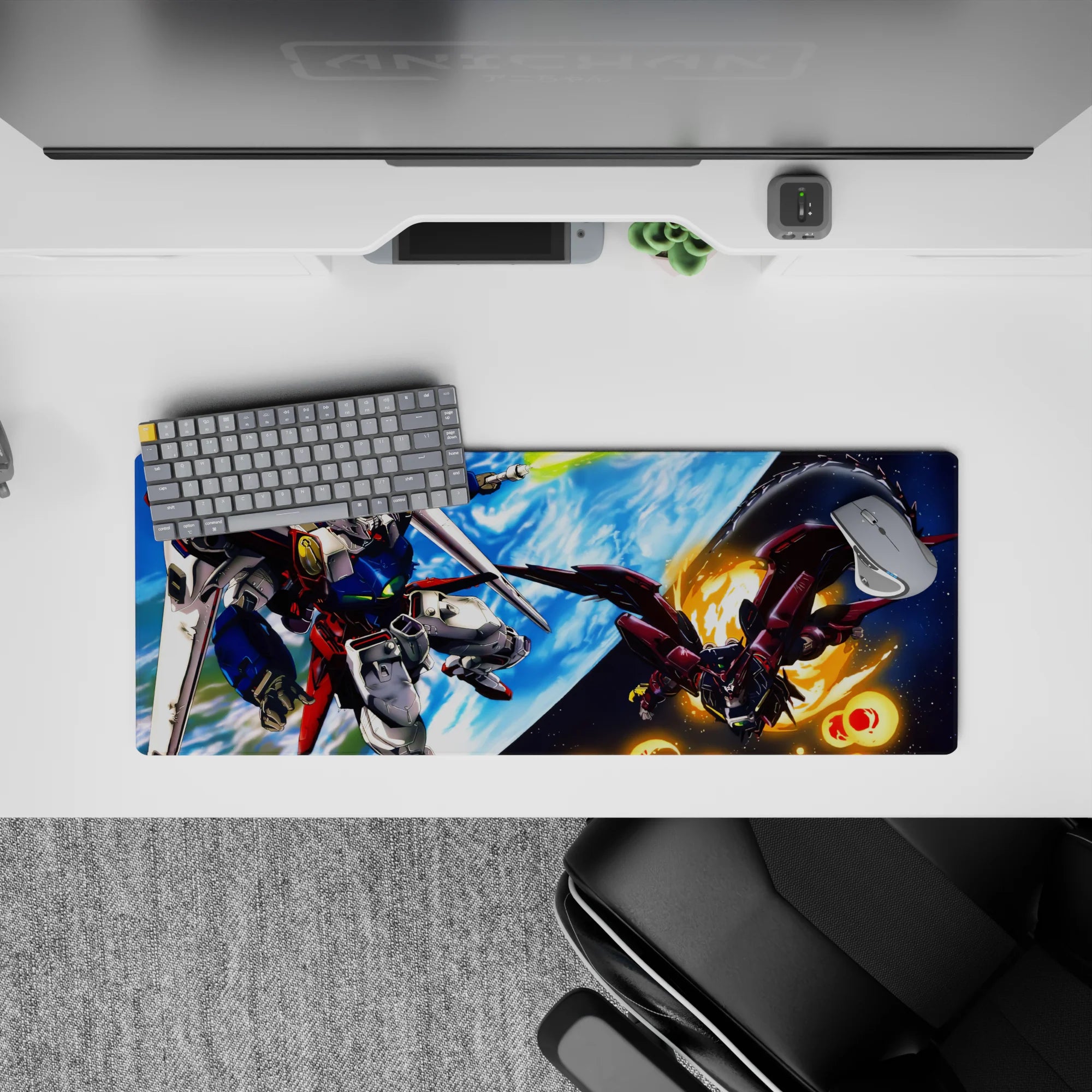 32x12 inches anime mouse pad in deep blues and bright whites with Earth glow and orange spark bursts.