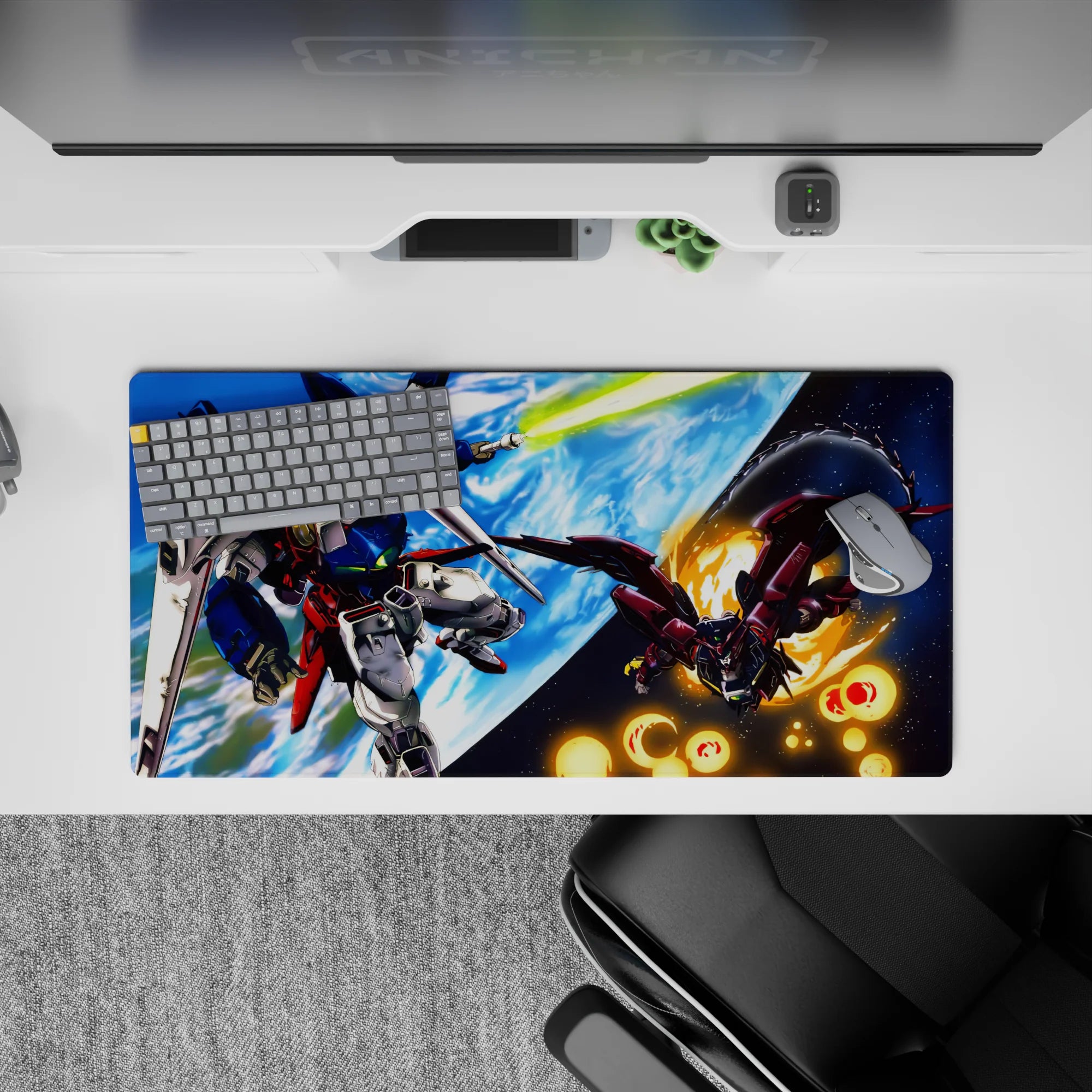 32x16 inches anime mouse pad in deep blues and bright whites with orange sparks, glowing Earth backdrop.