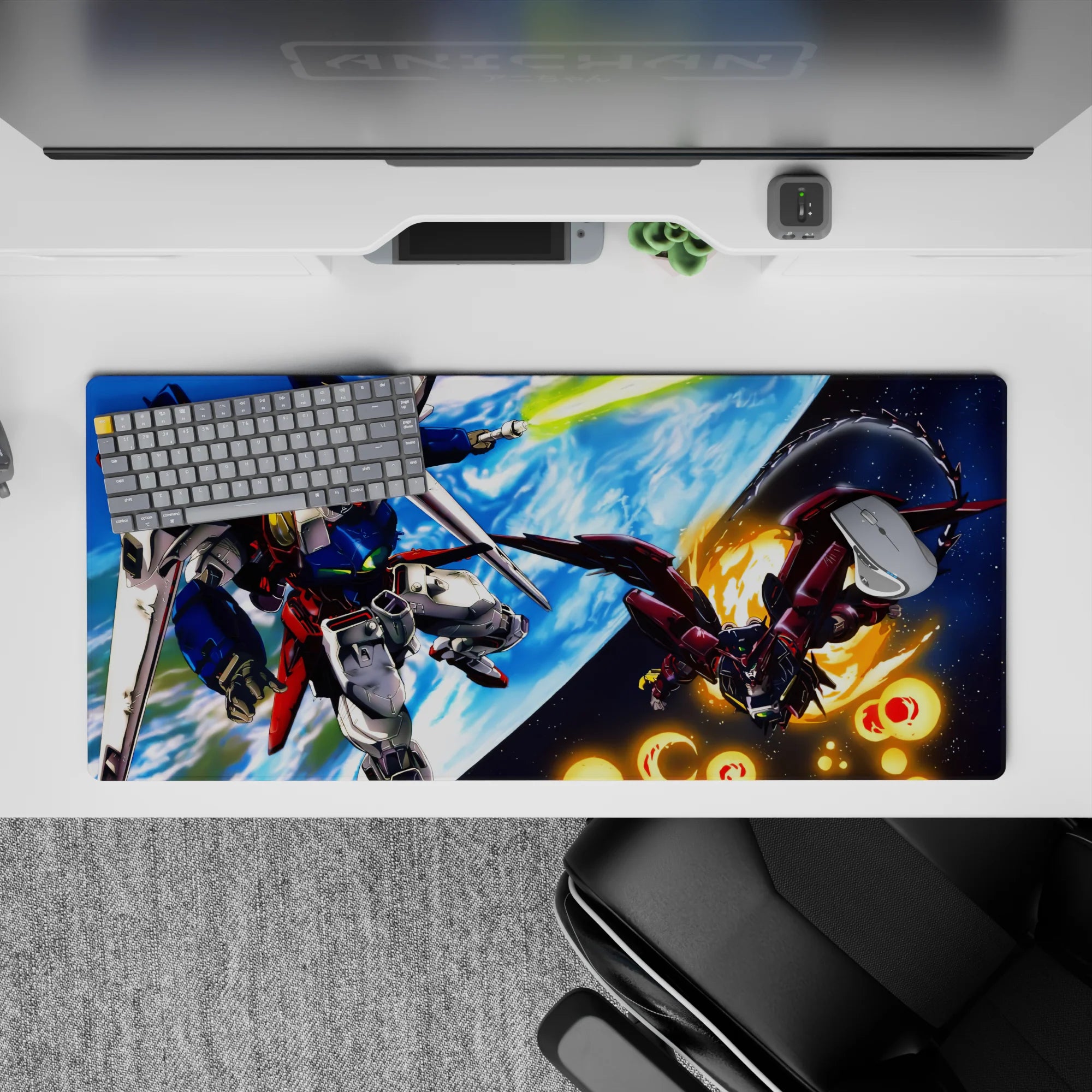 36x16 inches anime mouse pad in deep blues and bright whites with Earth glow and orange spark bursts.