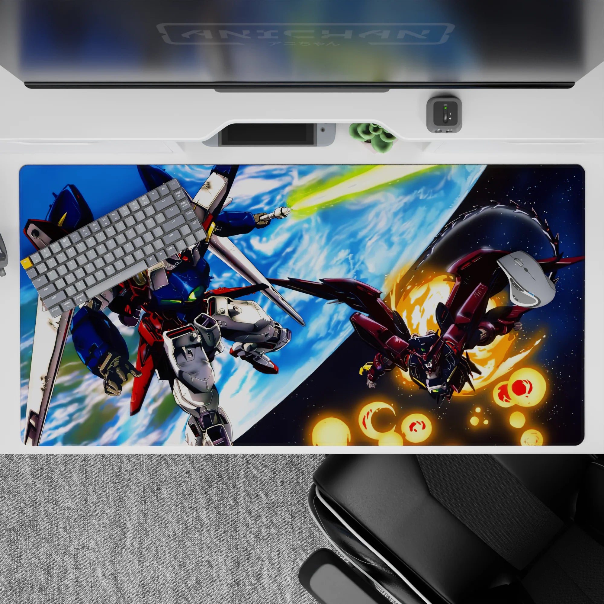 40x20 inches anime desk pad in deep blue and bright white with Earth glow and fiery orange sparks.