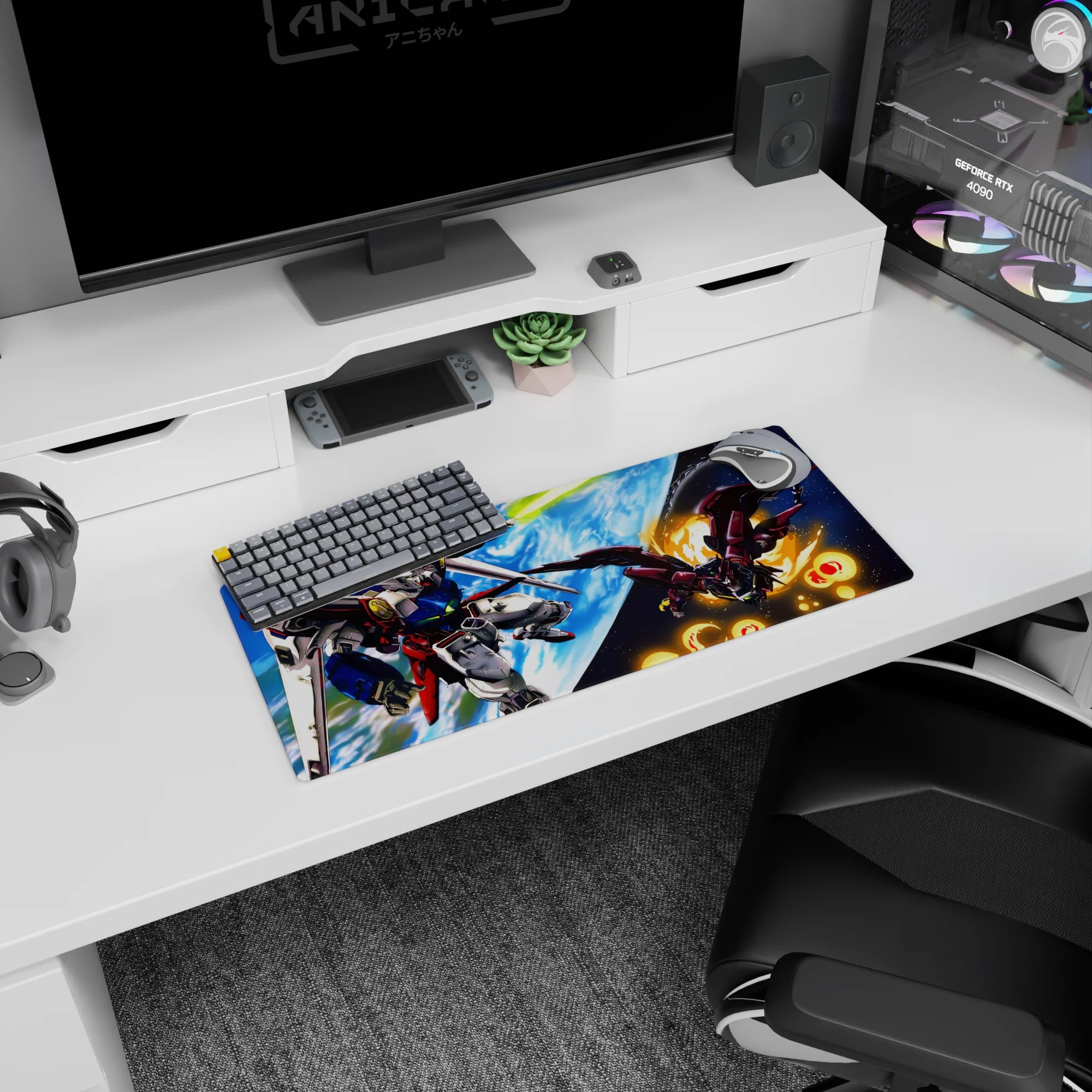 28x12 inches anime mouse pad showing Wing Gundam and Epyon dueling in orbit with jets flaring and blades drawn.