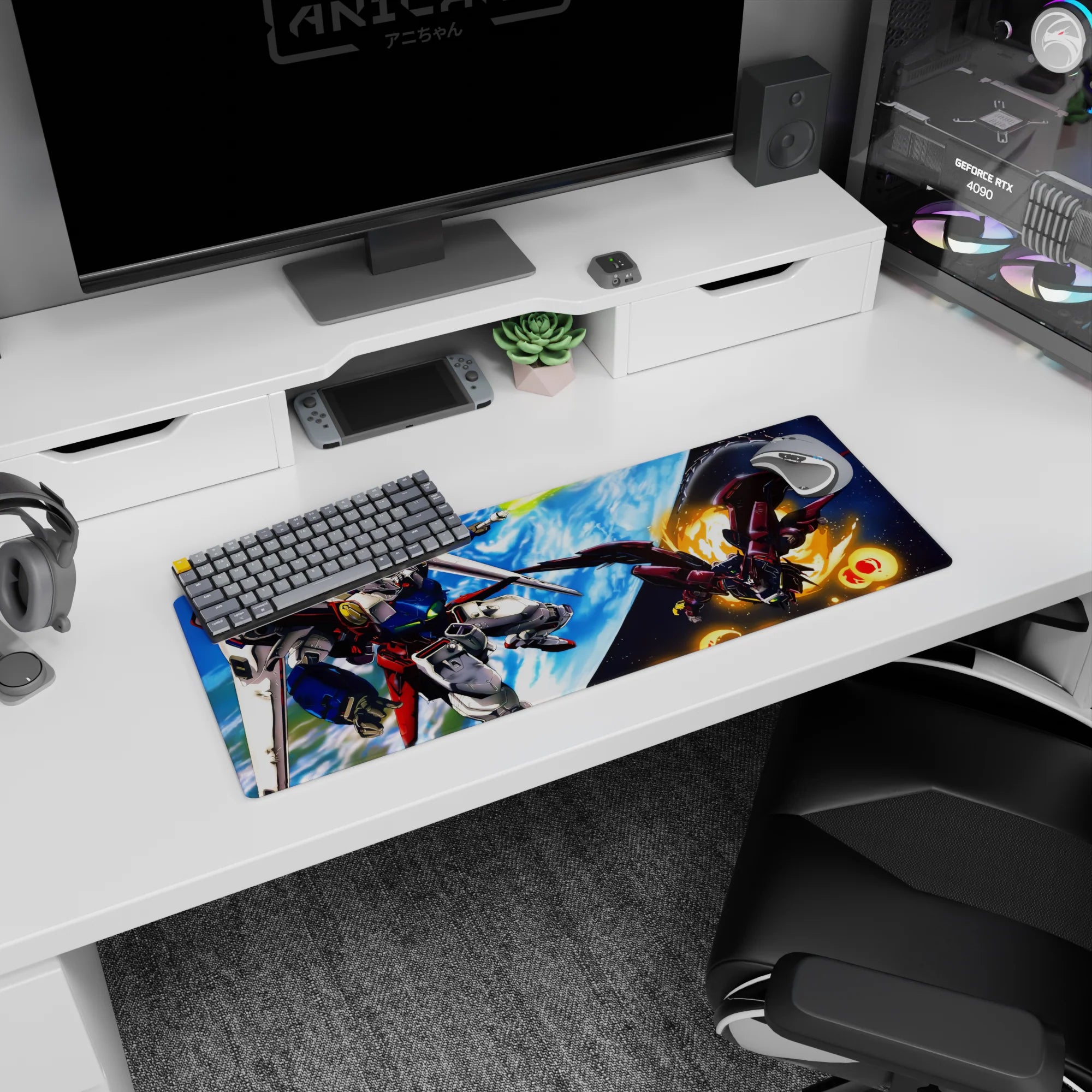 32x12 inches anime mouse pad showing Wing Gundam and Epyon clashing in orbit, jets flaring and blades ready.