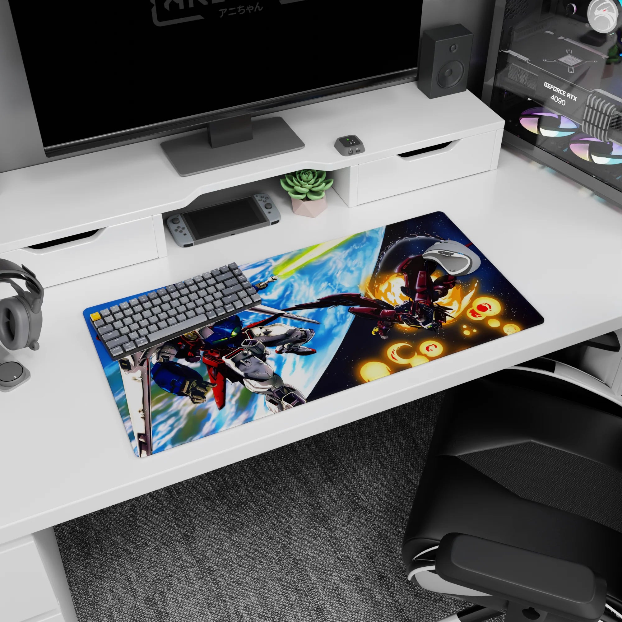32x16 inches Gundam Wing mouse pad showing Wing Gundam vs Epyon in orbit, boosters flaring.