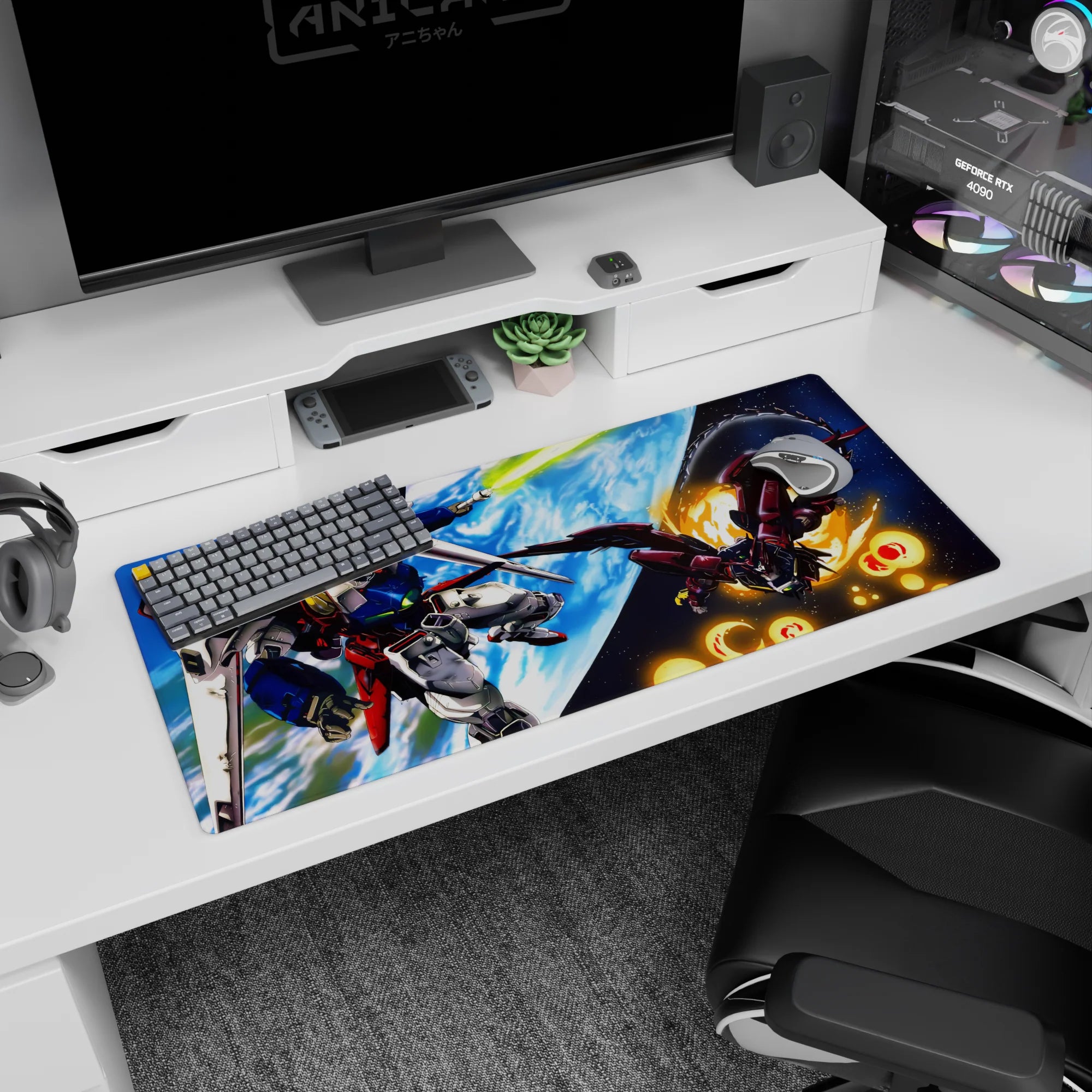 36x16 inches desk pad showing Wing Gundam and Epyon dueling in orbit, jets flaring and blades drawn.