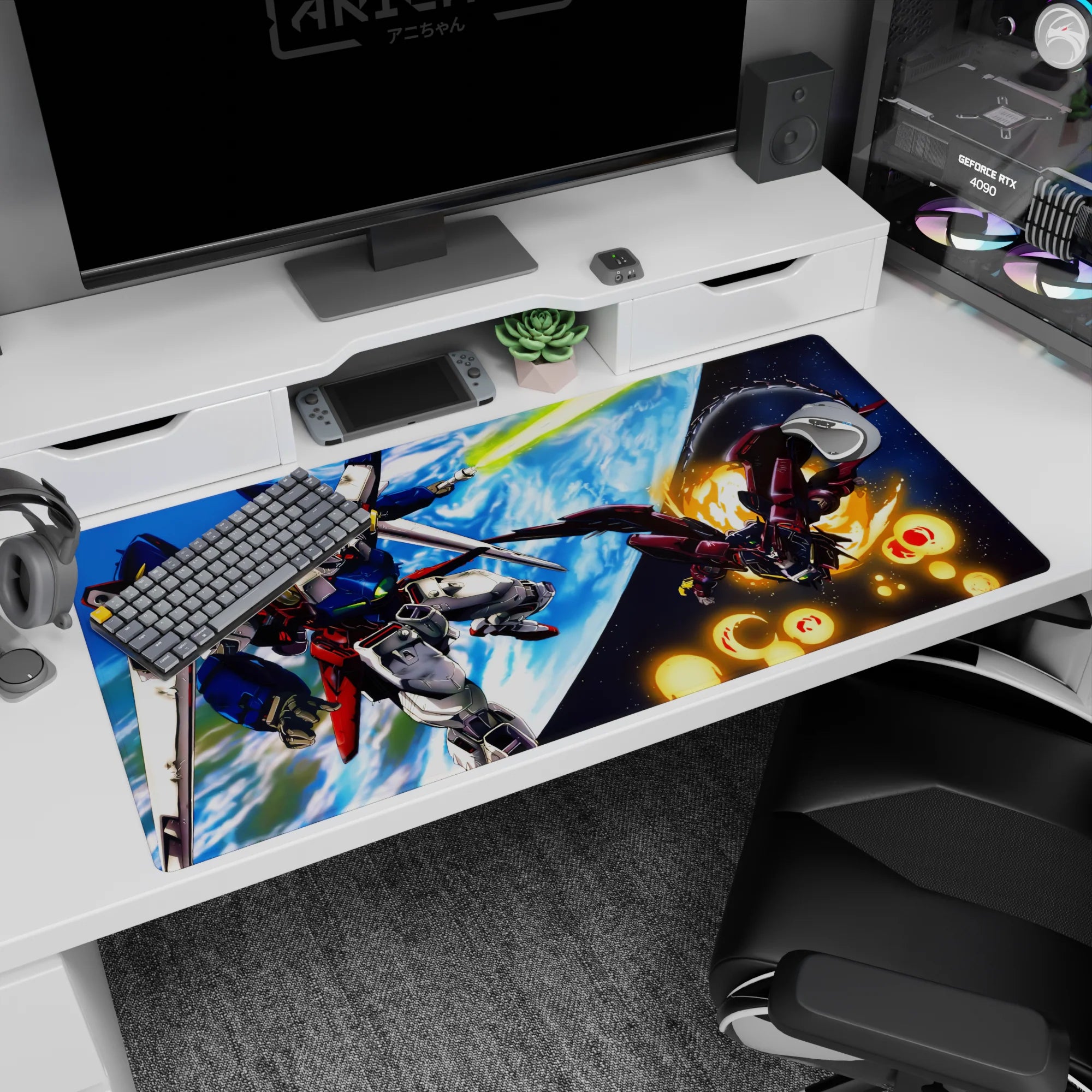 Anime desk pad 40x20 inches showing Wing Gundam and Epyon dueling in orbit, jets flaring and blades drawn.