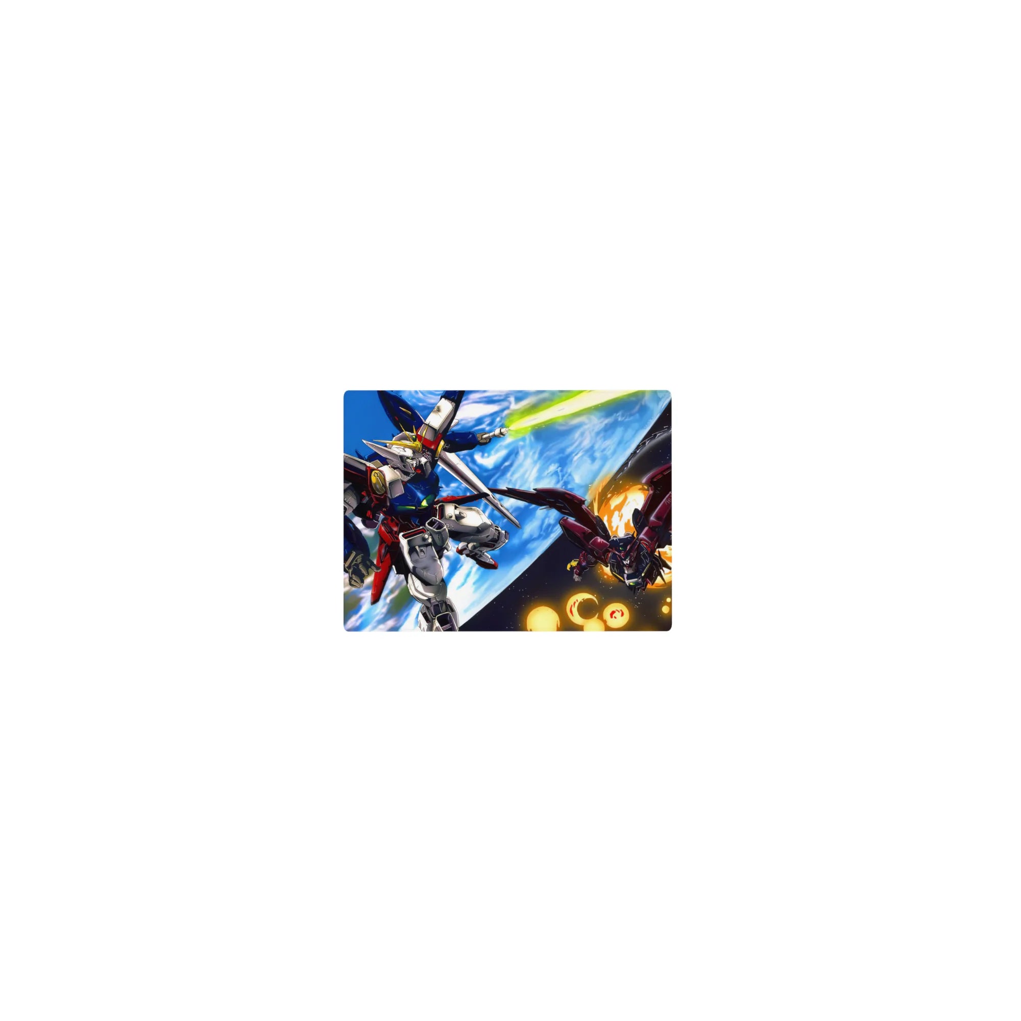 Classic anime mouse pad 14x10 inches with Gundam space battle art over Earth, jets flaring and blades ready.