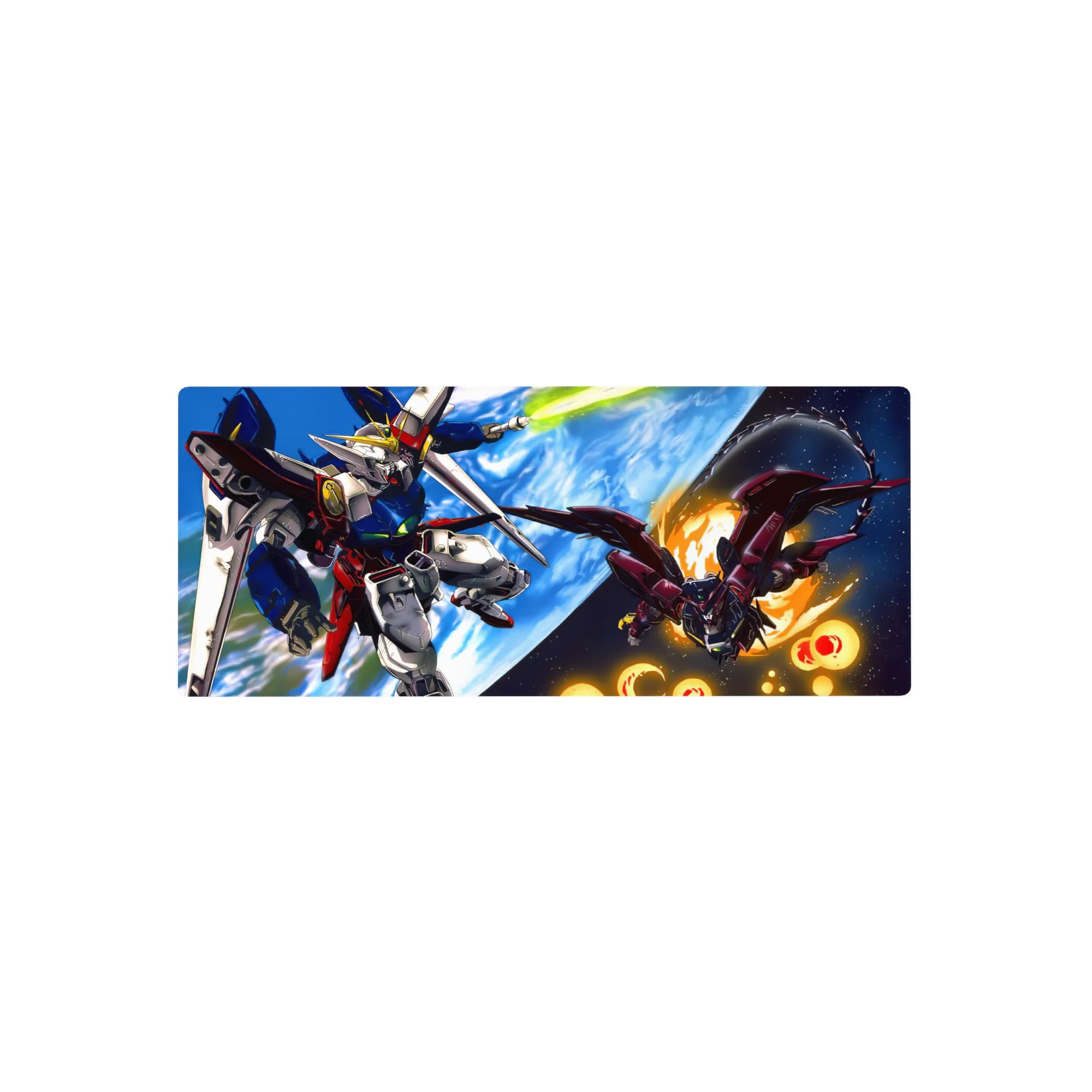28x12 inches anime mouse pad with Gundam Wing space battle art, Wing Gundam vs Epyon above Earth.