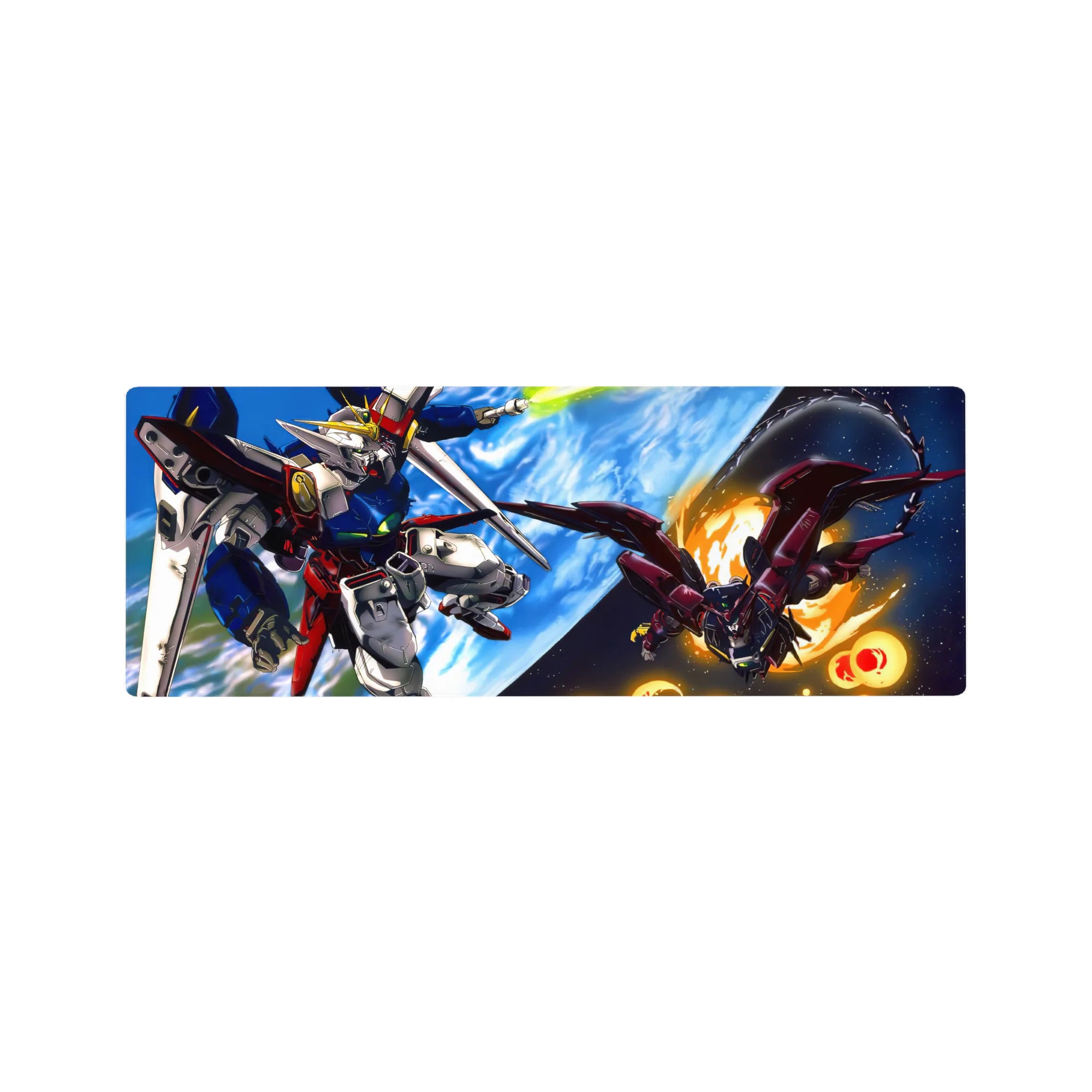 32x12 inches anime mouse pad with Gundam Wing space battle art, Wing Gundam vs Epyon above Earth.
